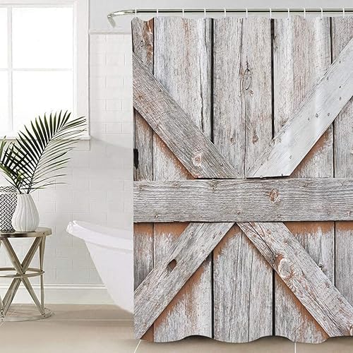 QueenKer Cortina de ducha retro estilo granero puerta de madera juego de cortina de ducha de tela impermeable con 12 ganchos de plástico decoración