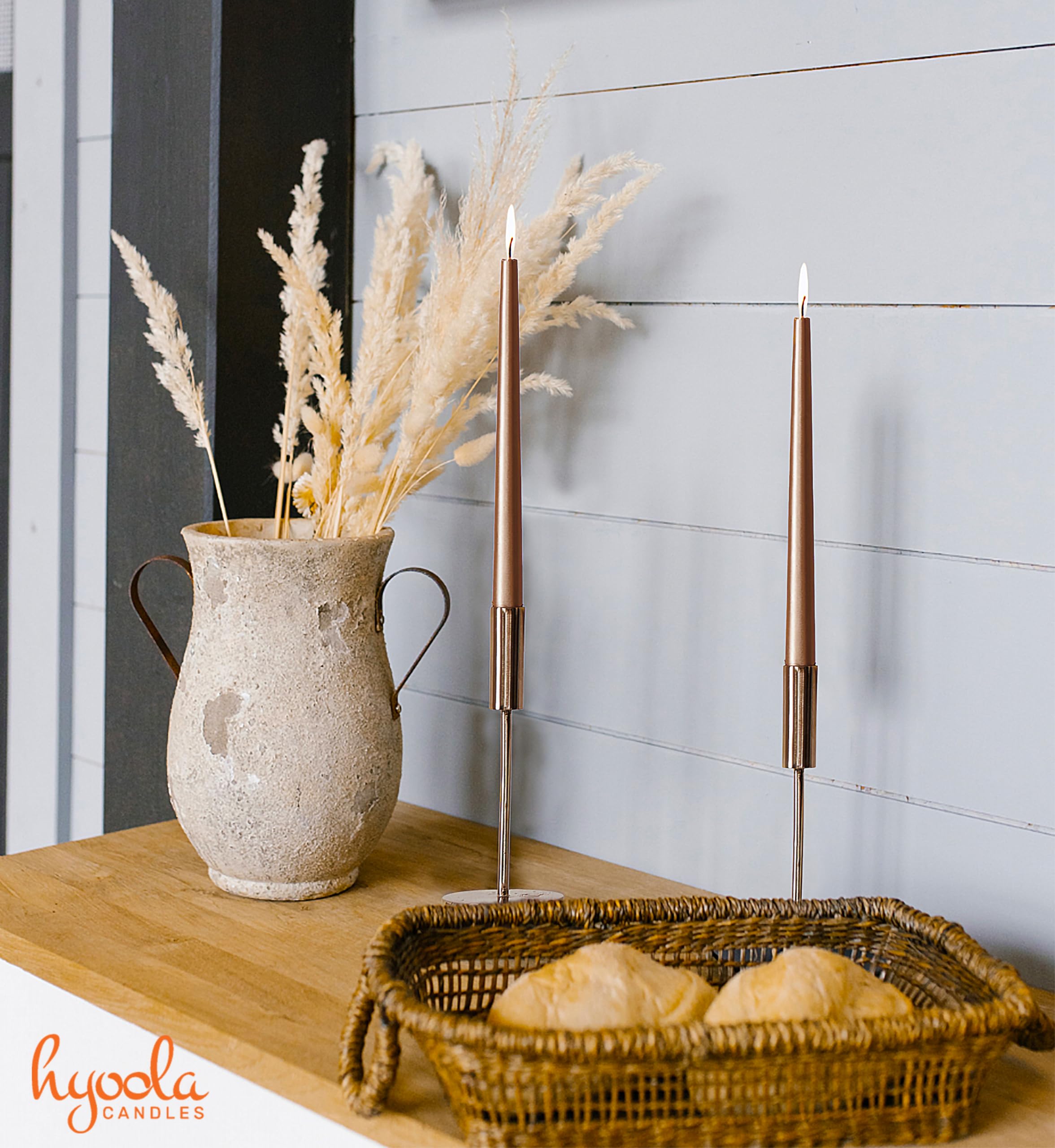 Hyoola Stożkowe Świece Dekoracyjne – Świece Stożkowe – Świeczka Bezzapachowa – Świece Niekapiące – Eleganckie Świece Ozdobne 30 cm, Metaliczna miedź - 12 Sztuk - Czas Spalania 10 Godzin