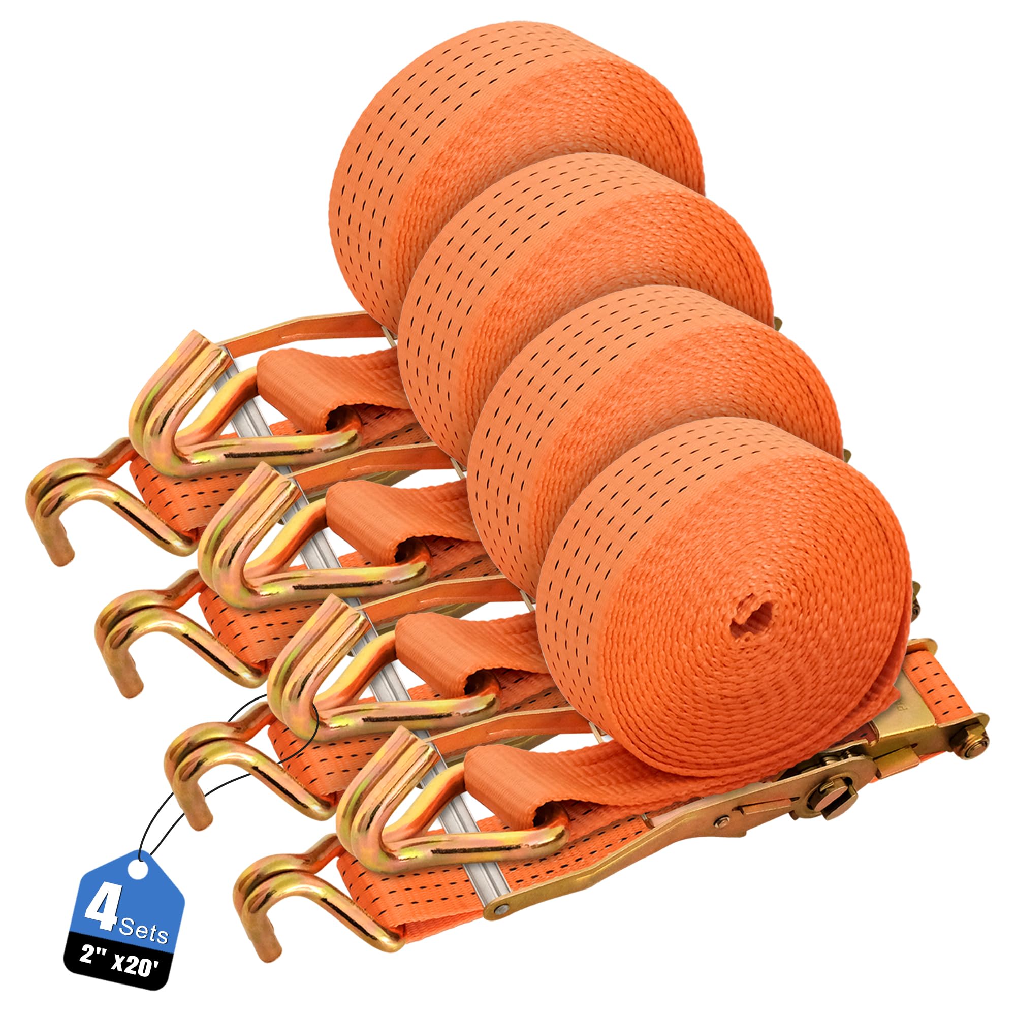 Confezione da 4 cinghie a cricchetto da 5,1 cm x 5,1 m, doppio gancio a J, resistenti, resistenza alla rottura di 2.268 kg, cinghie standard a cricchetto per furgoni, camion, rimorchi, colore