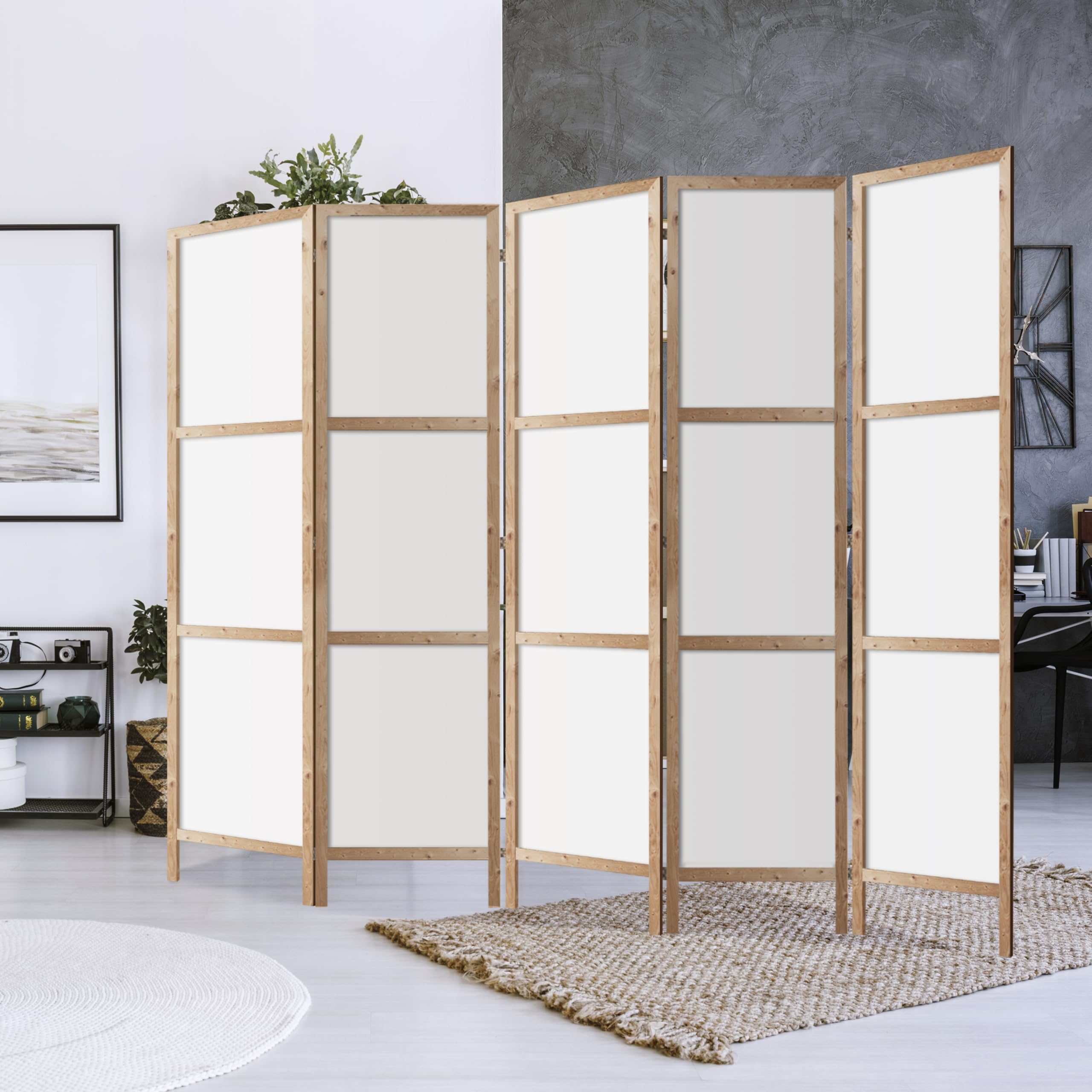 Separe Divisorio Interno Monofacciale - Paravento da Interno 5 Pannelli Divisorio per Ambienti - Giapponese Divisori per Interni senza Motivo - 225x172 cm