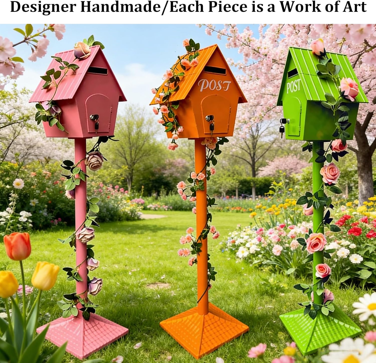 Post Mount Mailbox, Large Iron Post Mounted Mail Box with Base Lock Key and Plastic Flower Vine, Spring-Style Forest Cabin Letterbox for Garden/Courtyard Decoration(D)