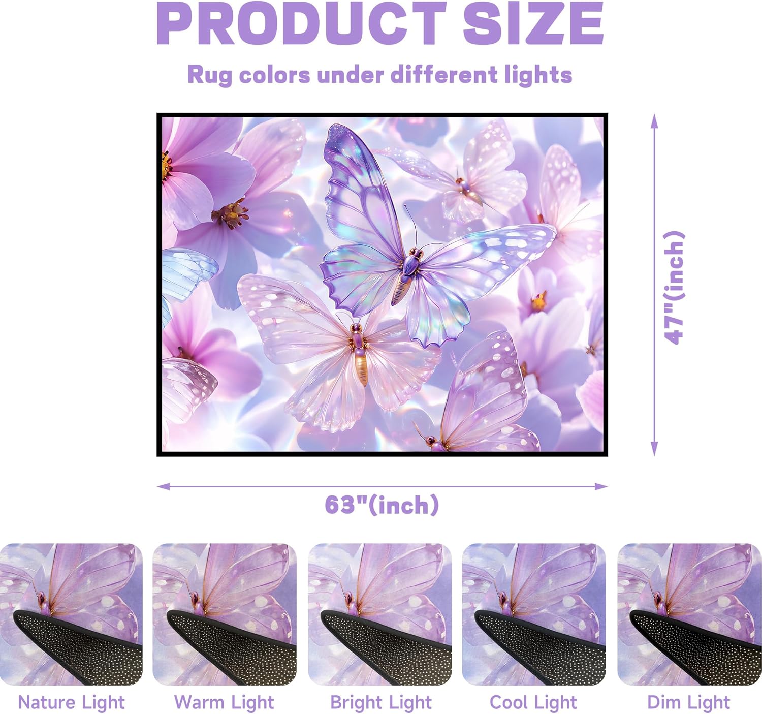 3D Butterfly Area Rug Fantasy Purple Butterfly Rugs for Living Room Nursery Bedroom Decor Non Slip Machine Washable Carpet for Girls Women,63"x47"