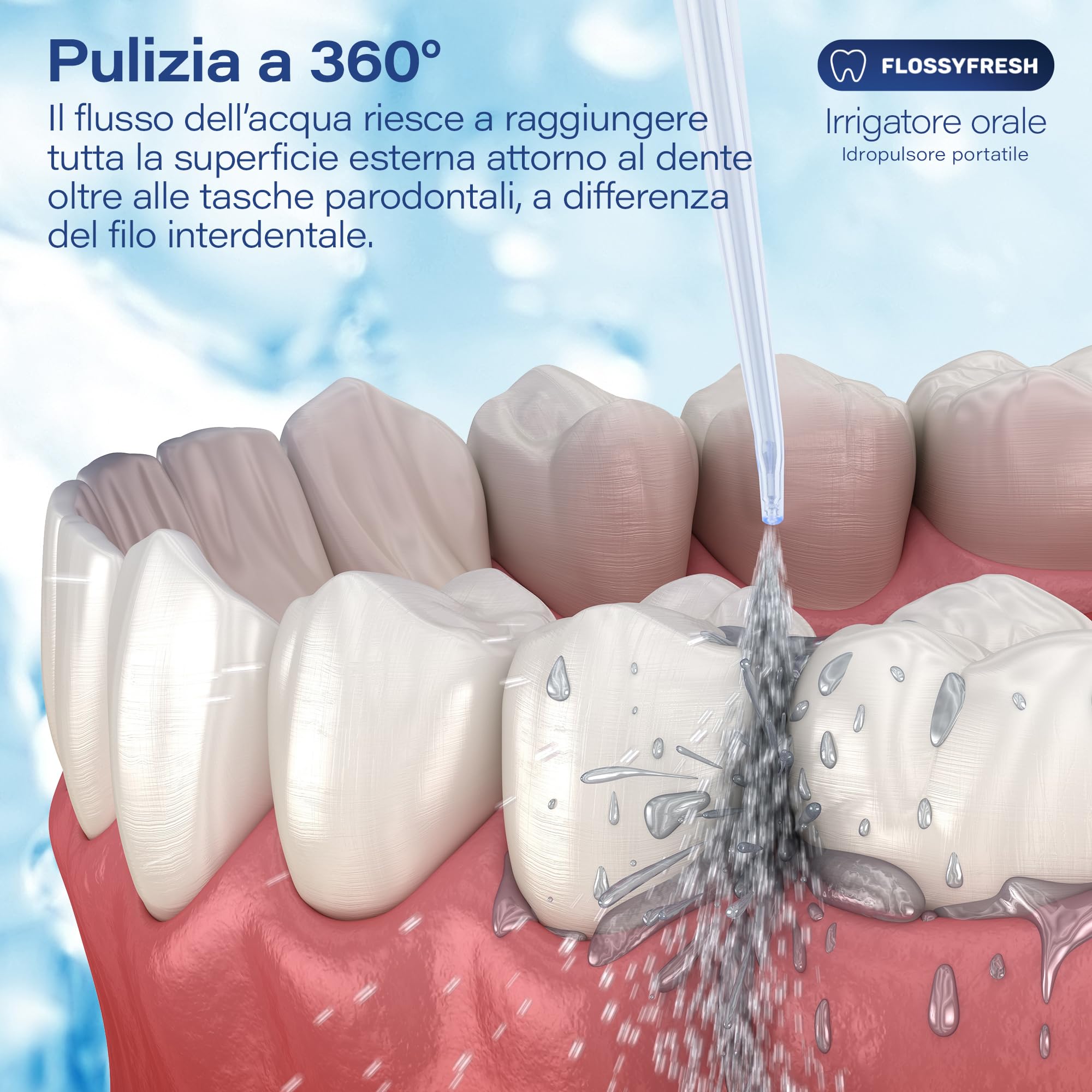 Idropulsore Dentale, Irrigatore Orale, Senza Filo, Rimuove la Placca, Pulizia Dentale a 360°, 3 Modalità di Funzionamento, 4 Ugelli Intercambiabili, Ricarica USB, da Viaggio