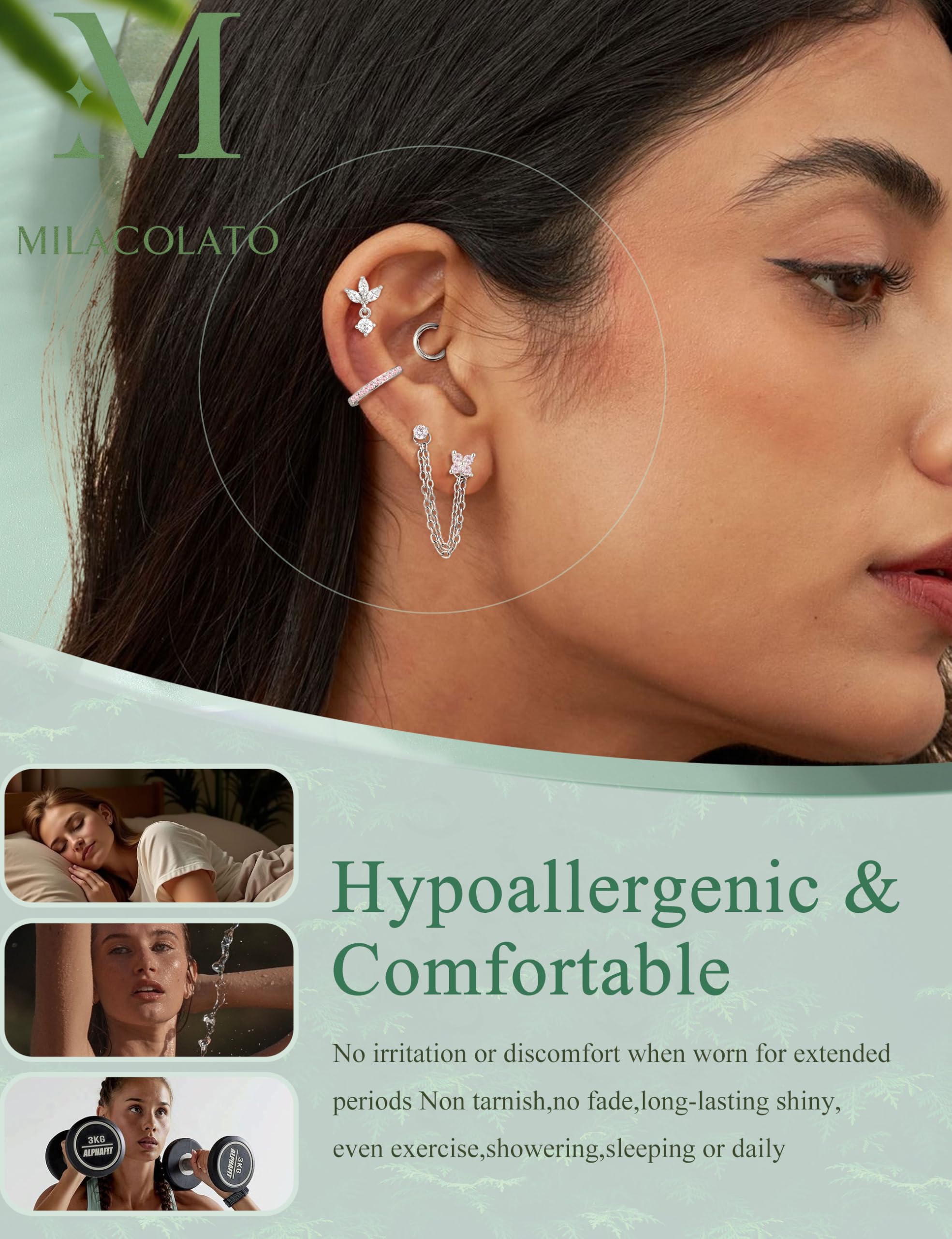 MILACOLATO Helix Piercing kolczyki ze stali chirurgicznej, kolczyki typu Flatback, hipoalergiczne małe kolczyki kreole, złote, wodoodporne, rook, tragus, conch, srebrny, złoty