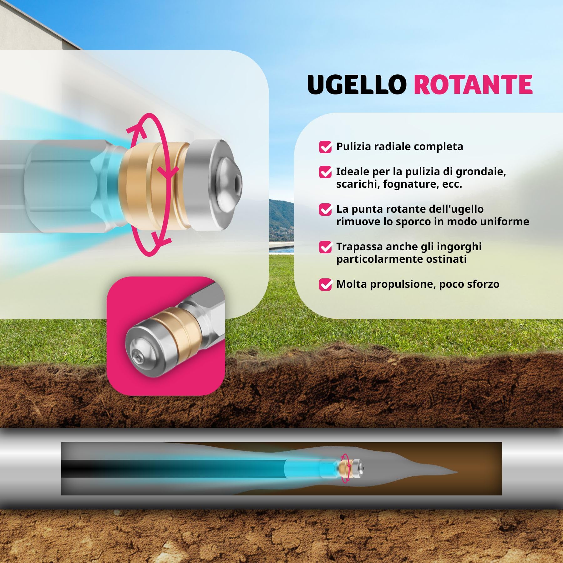 tectake® Set 8 Pezzi Tubo Sturatore con Ugelli in Acciaio Inossidabile, Adattatori Universali, Sonda Sturatubi Idropulitrice, Sonda Stura Lavandini e Scarichi con Isolante e Sacco Contenitore - 30 m