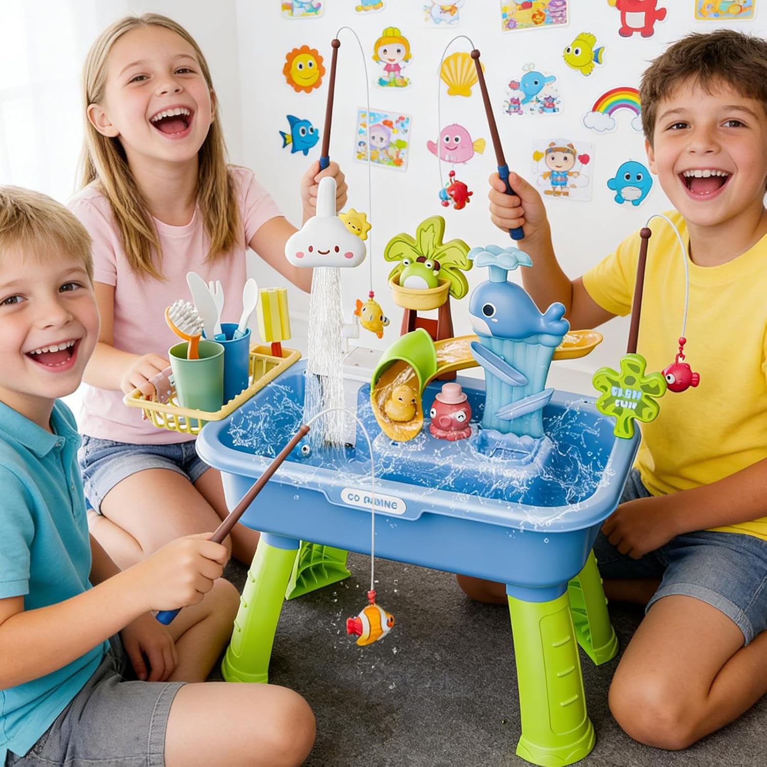 Water Feature Table for Children, Rain Shower Splash Pond for Toddlers, Water Table for Playing in the Kitchen, 4 and 1 Play Sinks with Pump, Flowing Water for 4-8 Summer Beach Pool