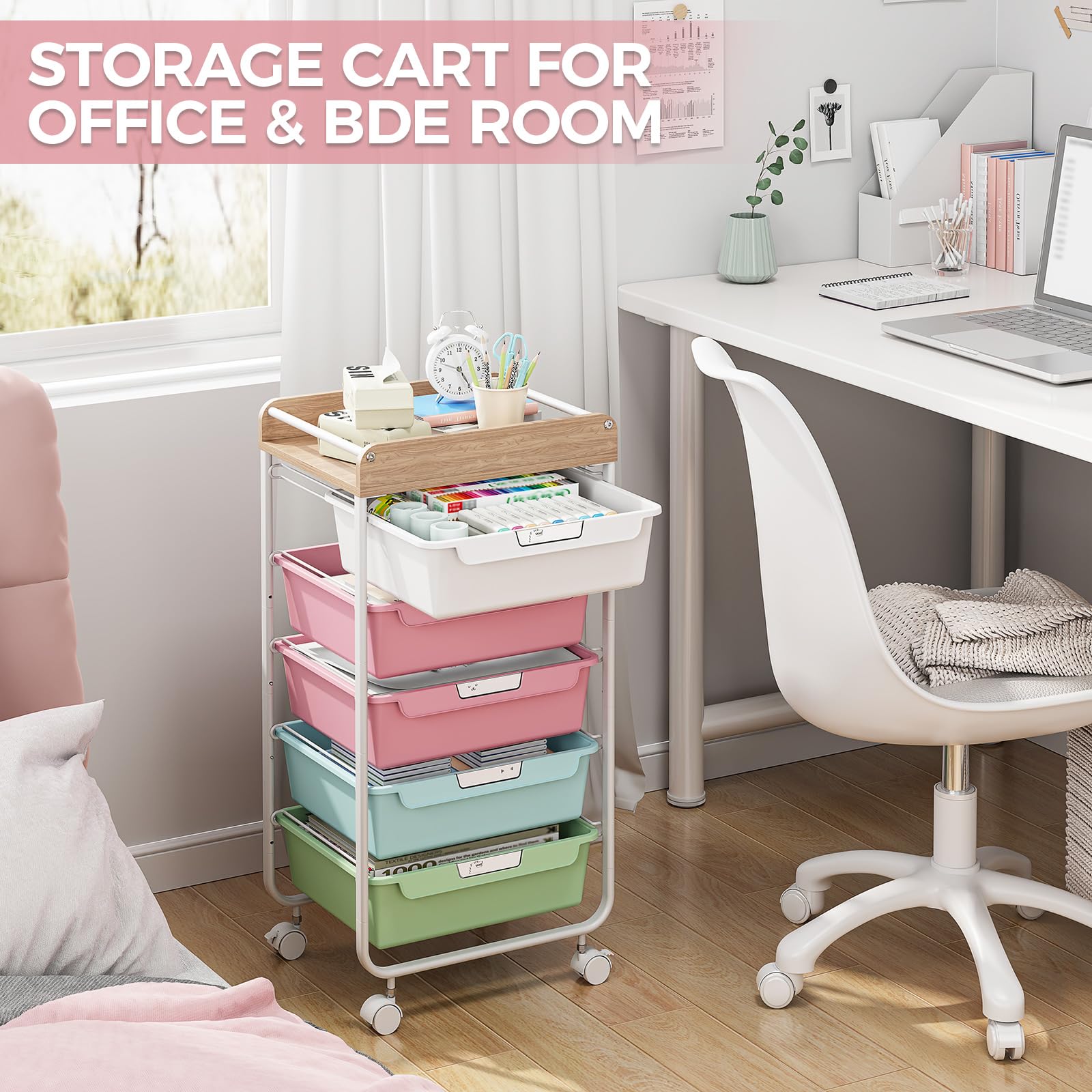 SYKIARIOL Chariot à 5 tiroirs avec roulettes en plastique pour salle de bain - Chariot à outils et de rangement avec plan de travail en bois - Convient pour salle de bain, cuisine, salon, bureau