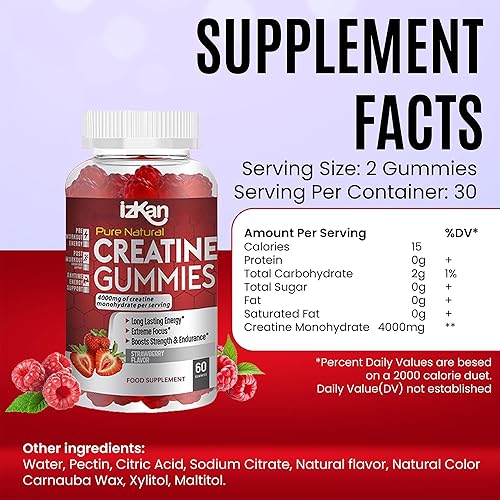 Miniatura 4 de Gomitas de monohidrato de creatina Pro de 4000 mg para hombres y mujeres, 60 gomas masticables de monohidrato de creatina sabor fresa  Suplemento de