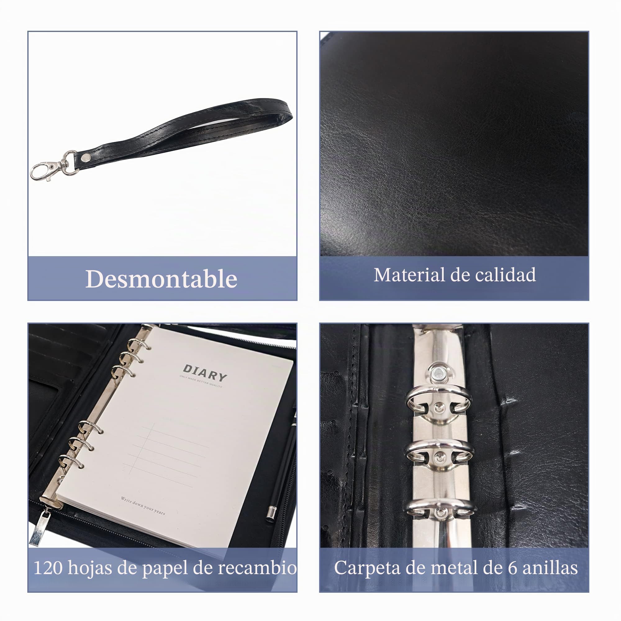GraduatePro A5 Carpeta de Conferencias Zipper Cuero, Carpeta de Documentos para Viaje, Carpeta Organizadora Personal Agend, Diseñado para Negocio y para Tomar Notas, Negro