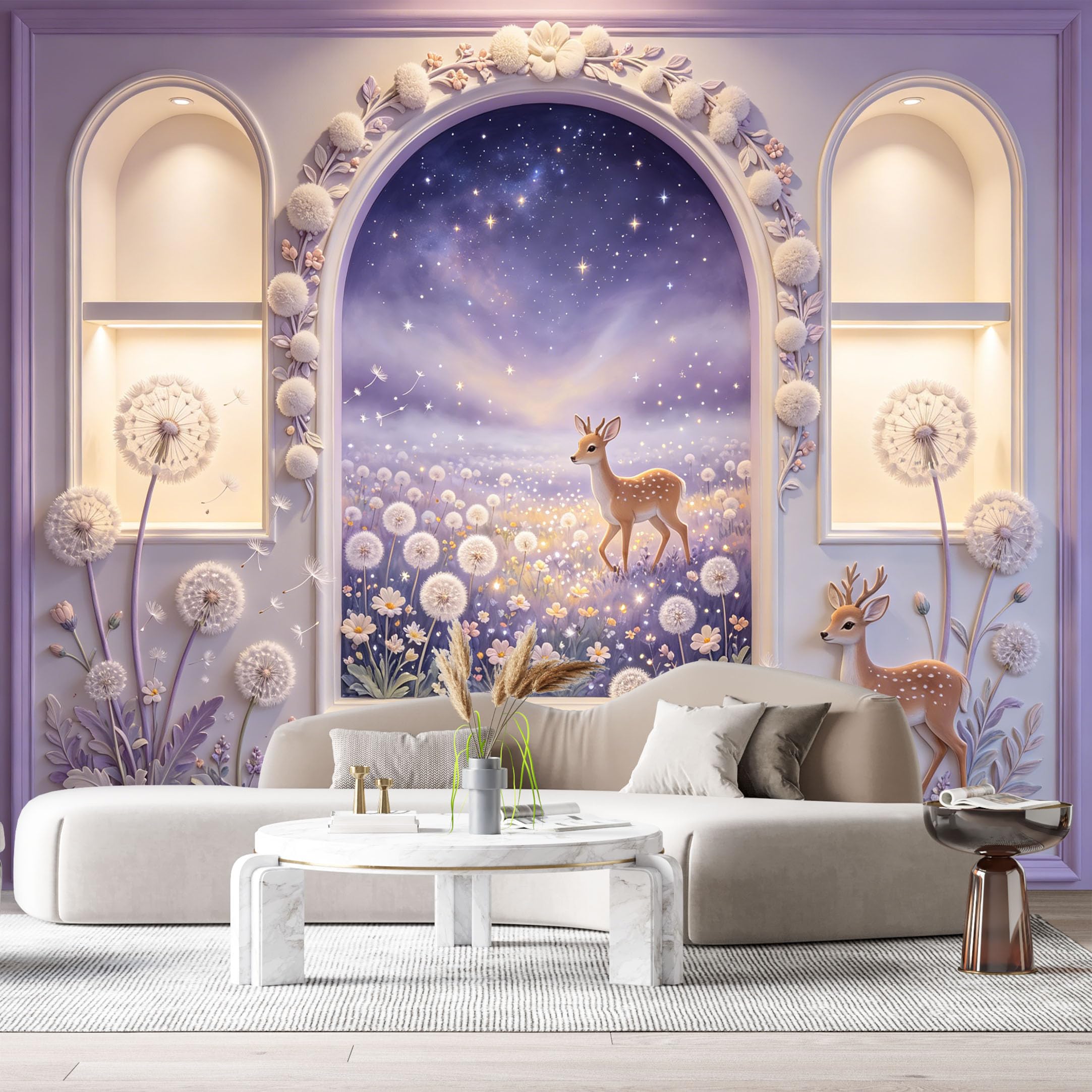 Custom Size Wall Murals Starry Sky Fawn Dandelion Field 3D Trompe L'Oeil SelfAdhesiveWall Fabric Removable Wallpaper Wall Decor for Living Room Bedroom Bathroom