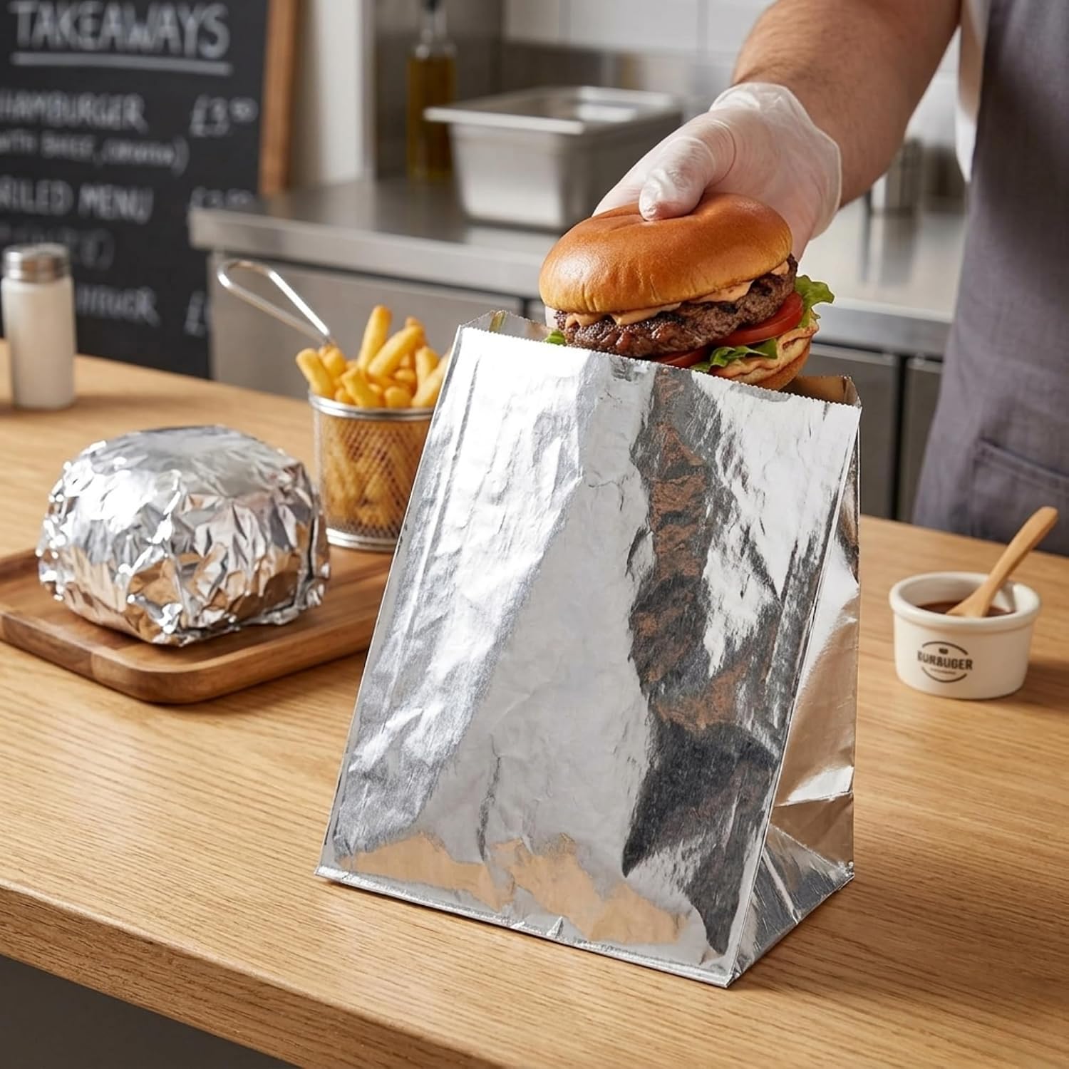 ANGEL’S PEEL LOUNGE Insulated Aluminum Foil Hamburger Bags - Precut Tin Foil Wraps For Burgers, Sandwiches, Hot Dogs, Heavy Duty Non Stick Grease-Resistant Food Wrapping, 6” x 11/8” x 61/2 100 PACK