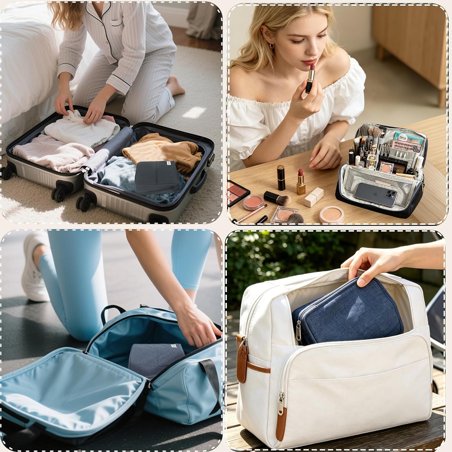 standing Makeup Bag, Compact Yet Spacious Cosmetic Organizer, Waterproof Toiletry Bag with Divider, Brush Holder, Upright Design & Phone/Mirror Holder, Portable Travel Case,black