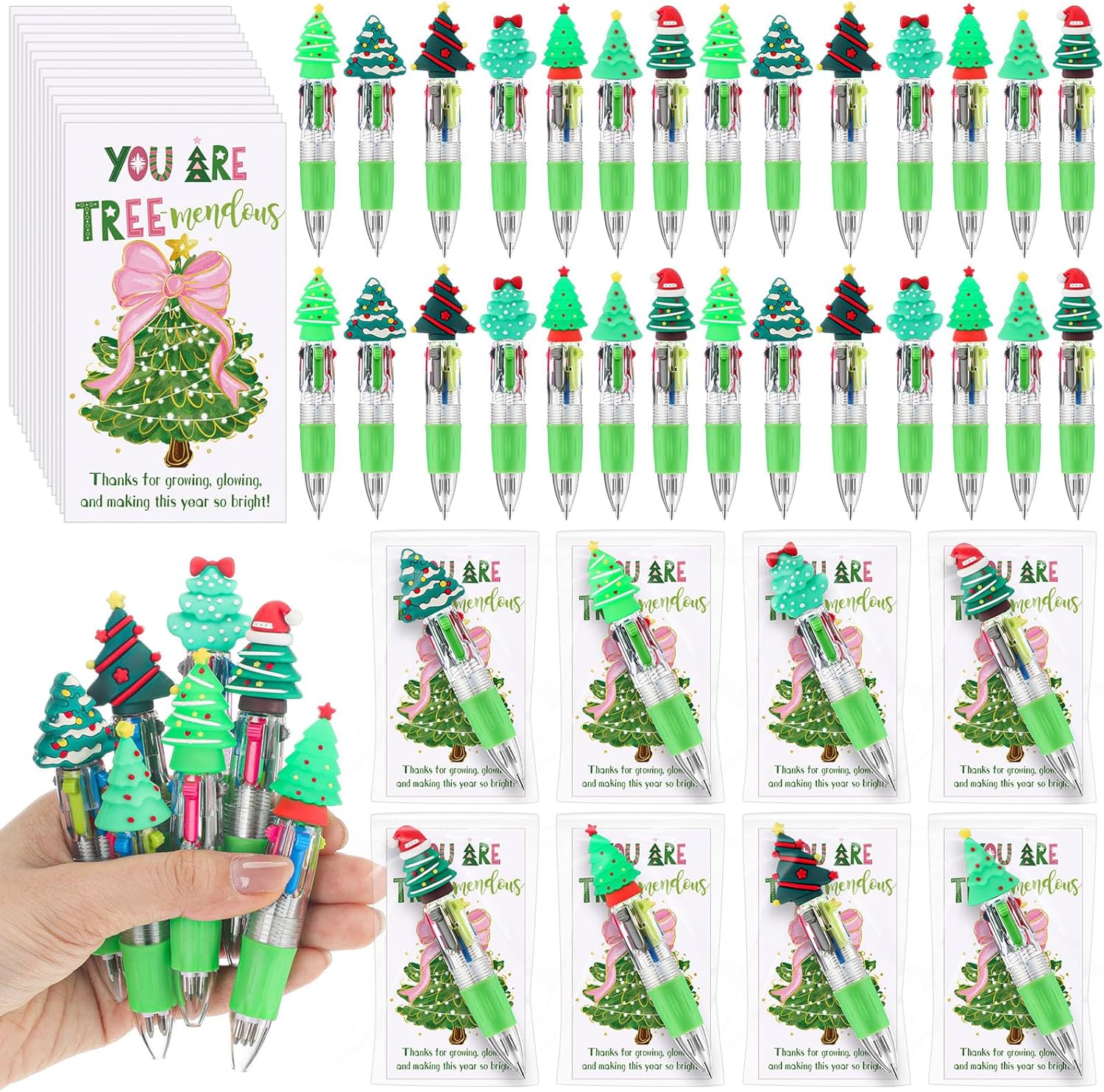 Engrowtic 28 Sets Christmas Pens Bulk with Cards 4-in-1 Multicolor Xmas Tree Ballpoint Pen for Gifts Teacher Holiday Prize Employee Office Party Favor(You Are Treemendous)