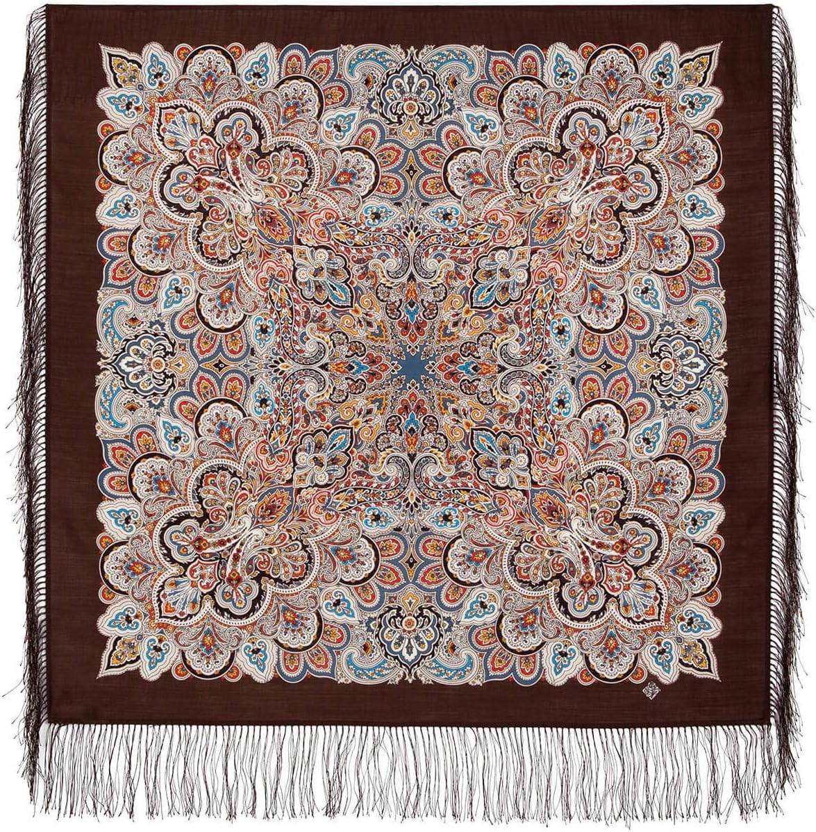 Pavlovo Posad Wool Shawl for Women with Silk Fringe 35x35'' (89x89 cm) 100% Wool Scarf for Women, Floral Wrap, Fashion Scarf