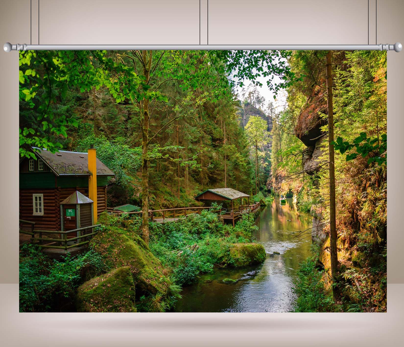 15x10FT (4.6x3m) Baite Nel Bosco Accanto A Un Ruscello Sfondo Fotografico | Tranquillo Rifugio Nel Bosco Fondale In Tessuto,Case In Legno Torrente,Per Eventi Nella Natura E Ritratti Esterni,Photo Booth
