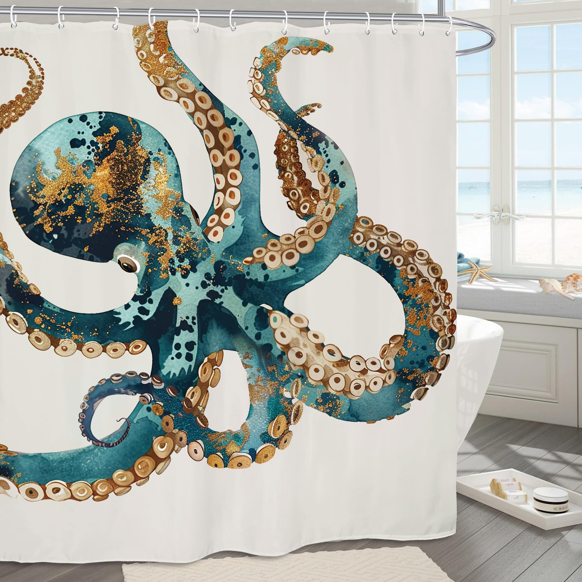 Lustiger Oktopus-Duschvorhang Mit Futter – Wasserdicht, Ohne Haken, Mit Netzfenster