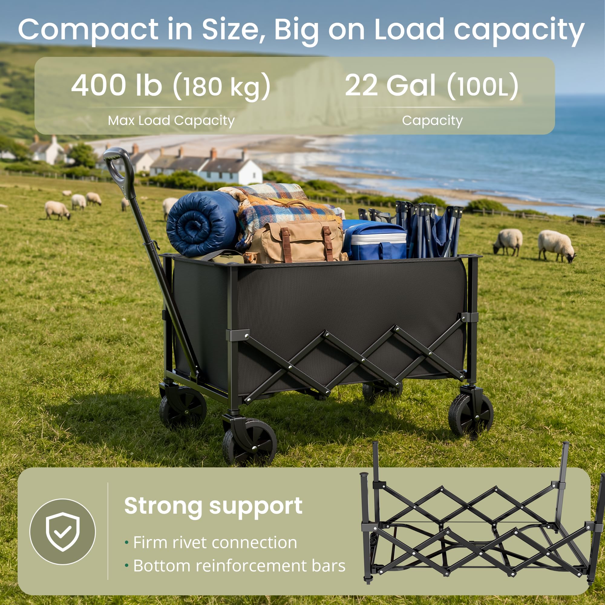 RYGEO Carrello da 100 litri su ruote, carro pieghevole, portatile da campeggio, carrello pieghevole per spiaggia, giardino, picnic, shopping, pesca, manico regolabile, nero