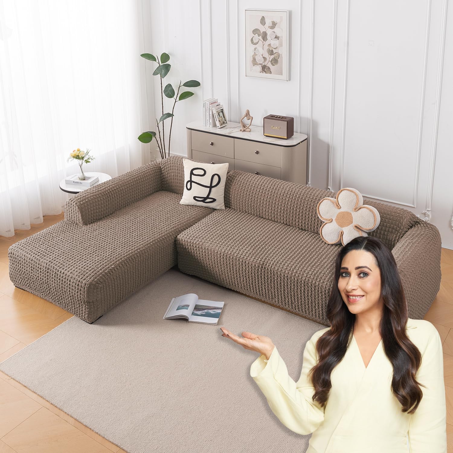 HOKIPO 'Aria Nova' L Shape Sofa Cover Set | 2 Pcs Stretchable Bubble Slipcover with Left Chaise | Anti-Slip, Mocha Brown (NEW-AR-6212-BR)-image-36