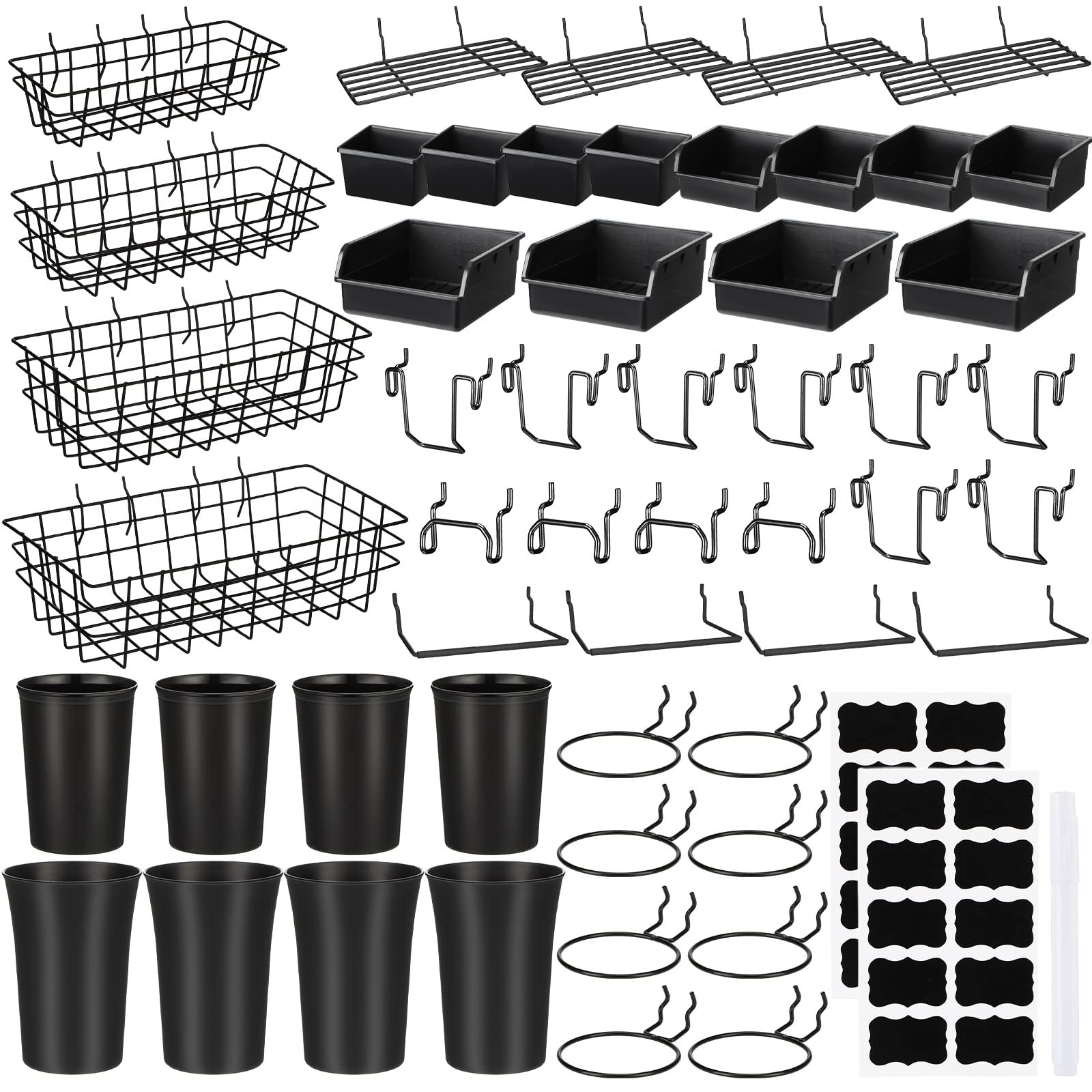 LEIFIDE Pegboard Accessories Set Including Pegboard Storage Basket, Pegboard Shelf, Organizer Bins, Organizer Cup with Cup Holder, Tissue Holder, Stickers, Pen for Organizing Various Tools (Black)