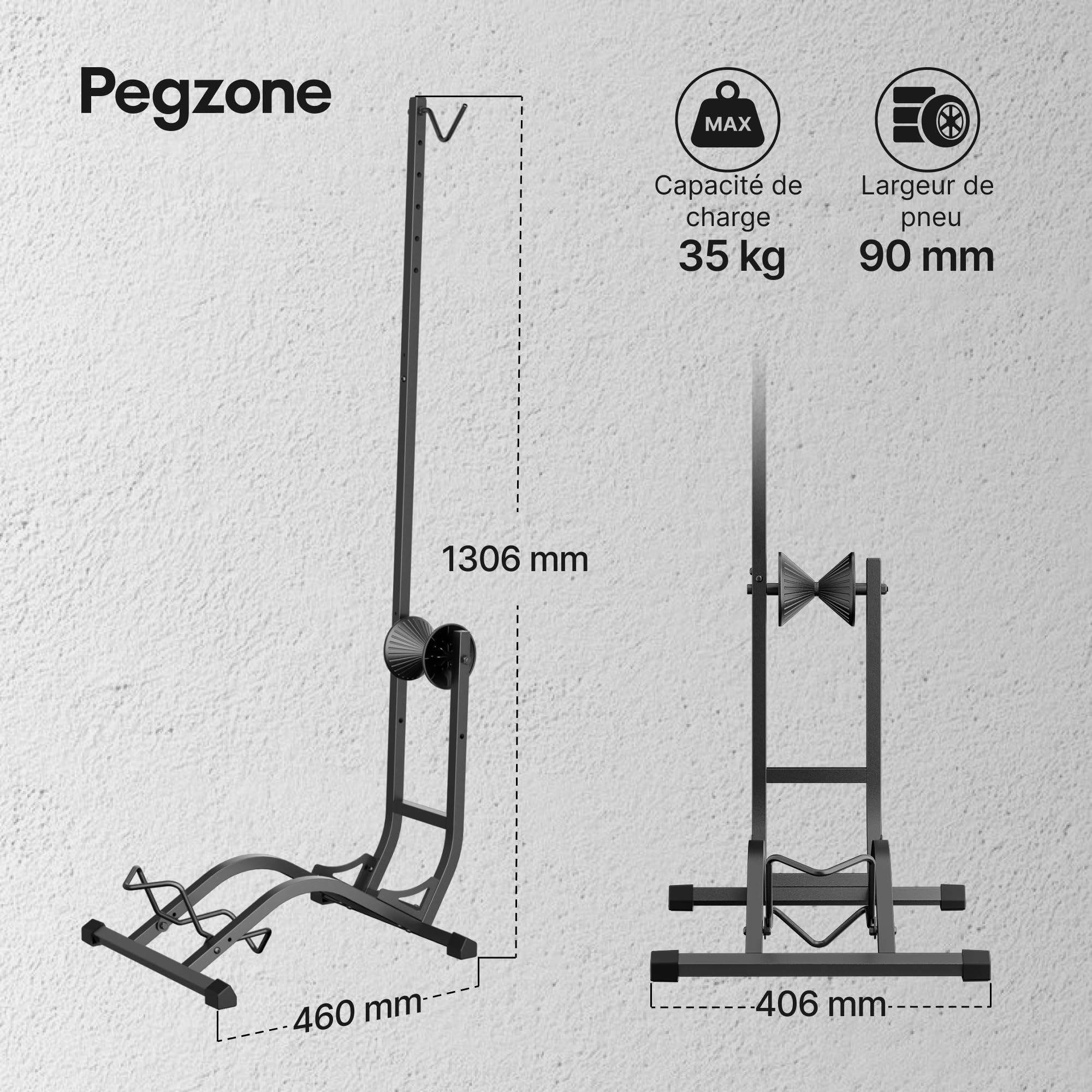 PEGZONE Support Vélo Vertical Gain de Place, Charge 35 kg, Noir | Support au Sol pour Vélos 20 à 27 Pouces et Pneus jusqu'à 90 mm, Hauteur Réglable, VTT et Vélo de Route