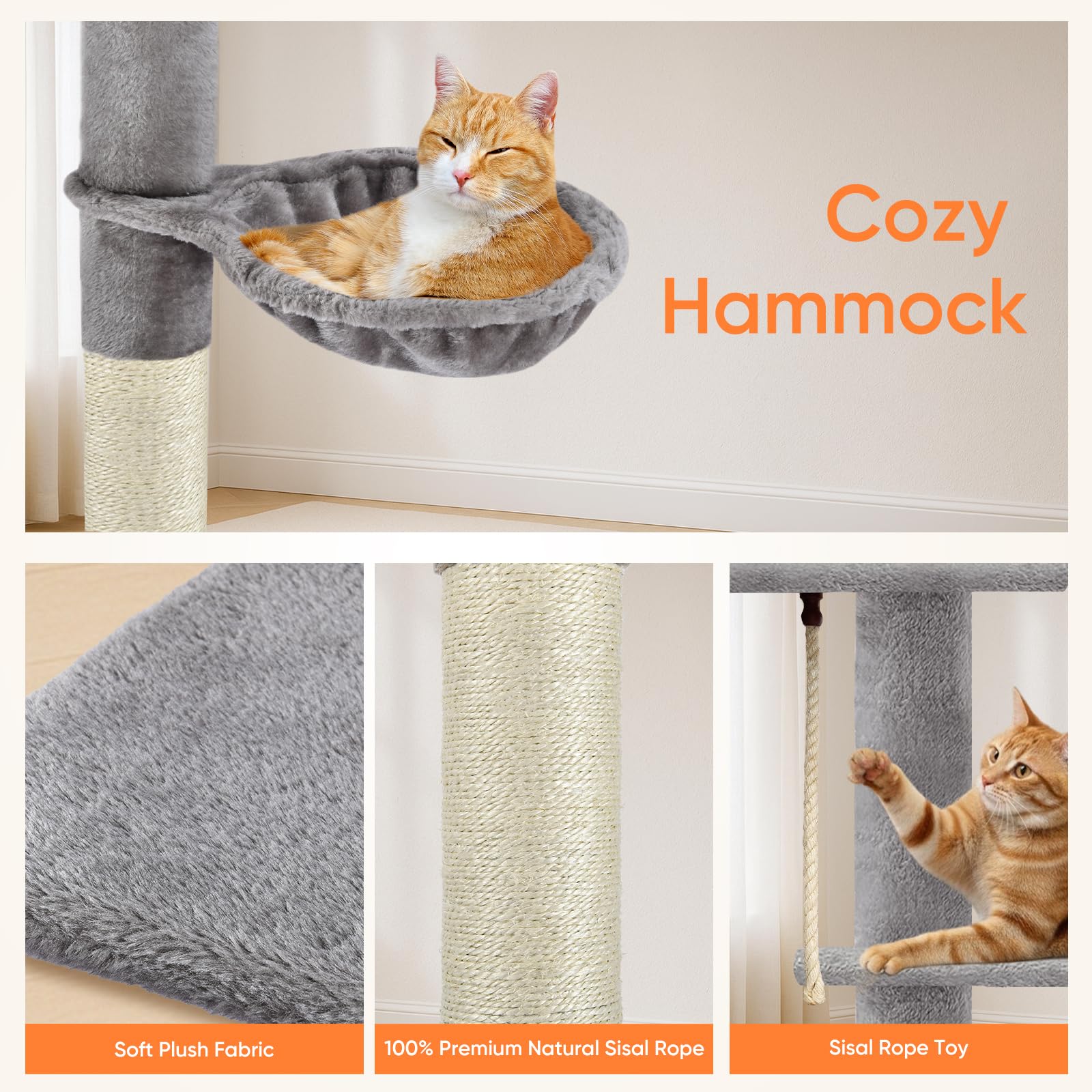 Cat Tree 5-Tier Floor to Ceiling Cat Tower with Cozy Hammock, 89-109 Inch Adjustable Height, Sisal Scratching Post, Provides Vertical Enrichment for Jumping & Climbing, Grey — view 5