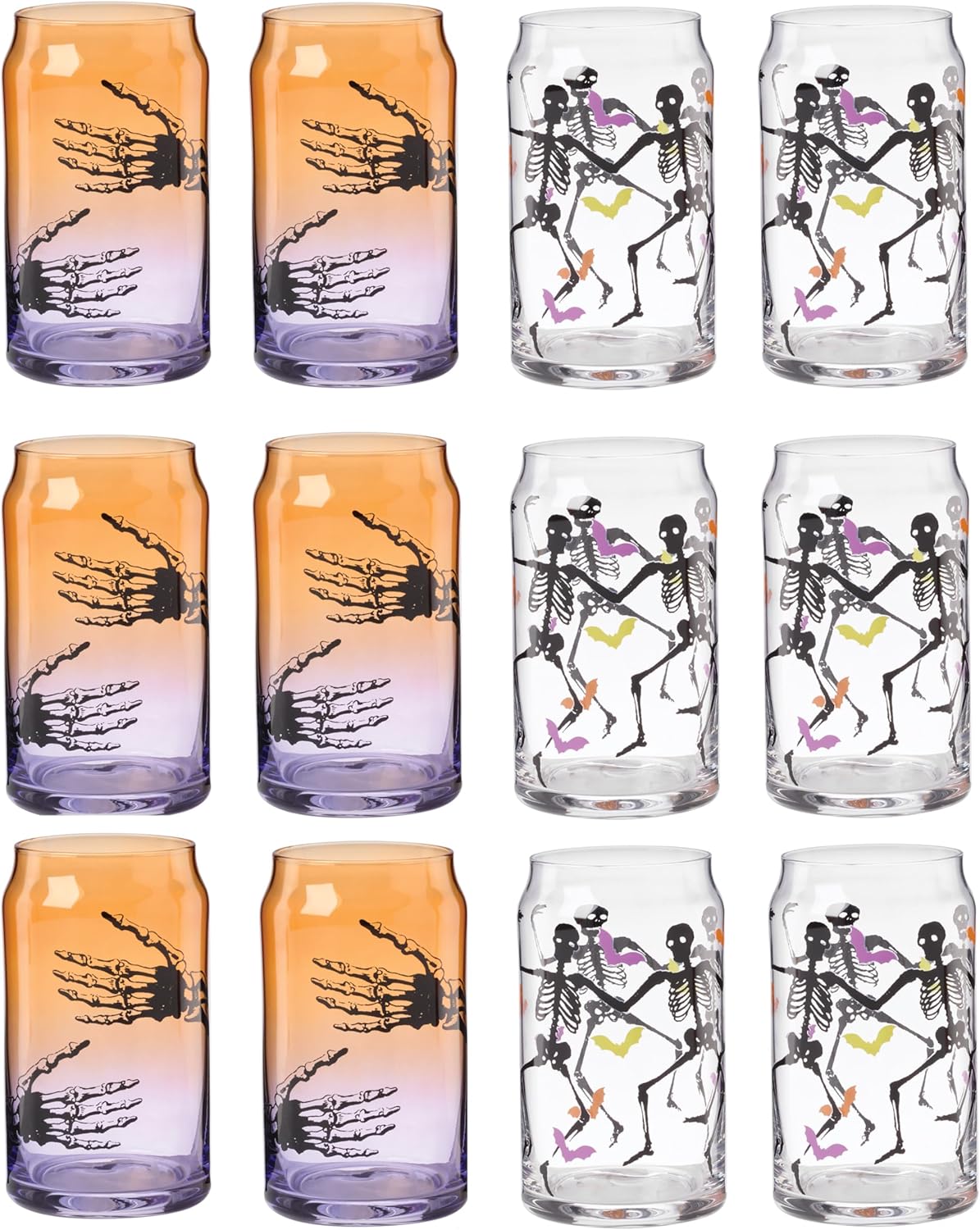 Cambridge Drinking Glasses, Halloween Can Cooler Glasses, Set of 12, Dishwasher Safe, Glass Cups, Spooky Iced Coffee Cups, Halloween Decor Spooky Scary Skeletons Theme, 2 Designs (12 Piece, 16 FL Oz)