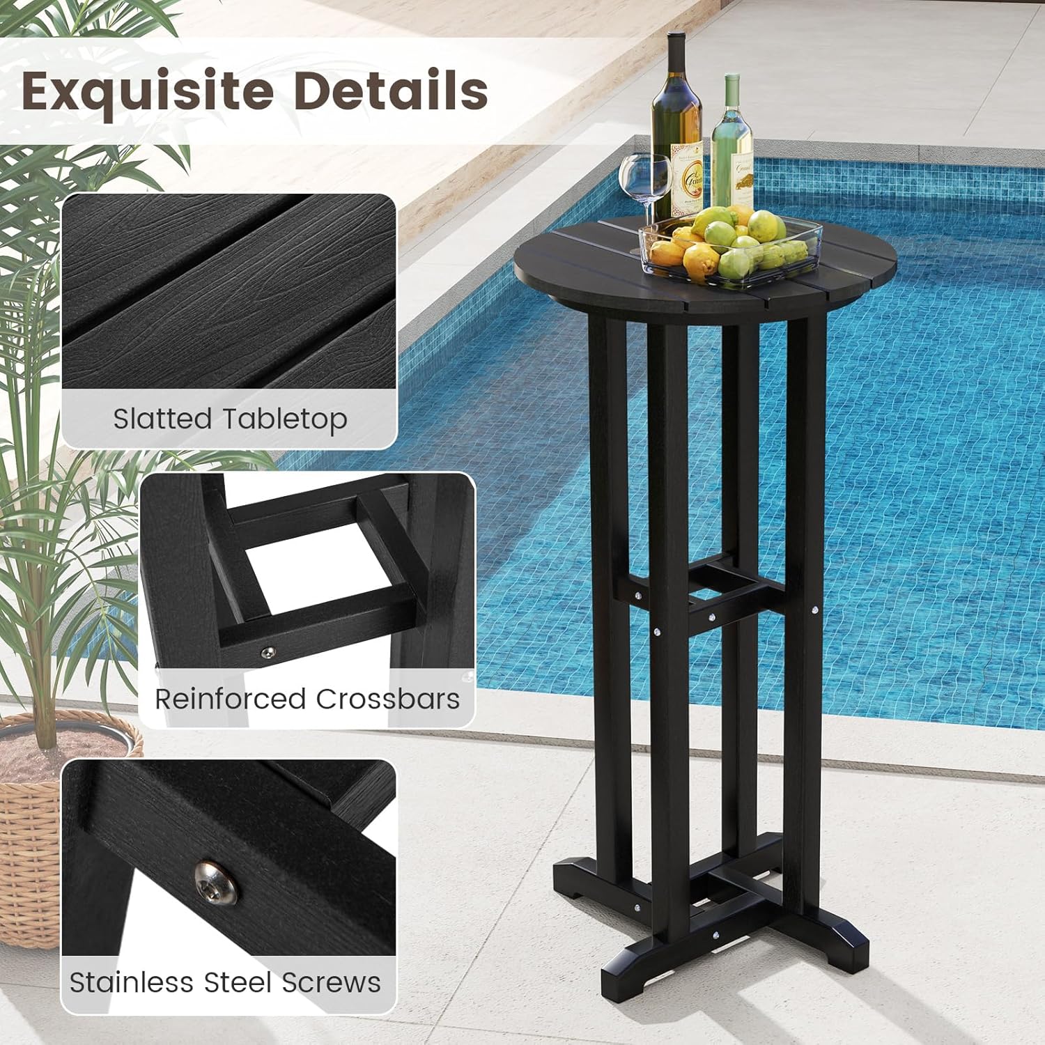 Tangkula 3PCS Outdoor HDPE Bar Table & Chair Set for 2, Adirondack Patio Round Bar-Height Side Table & 2 Armless Saddle Stools w/Footrests, Tall Pub Bistro Dining Furniture for Yard Pool (Black)
