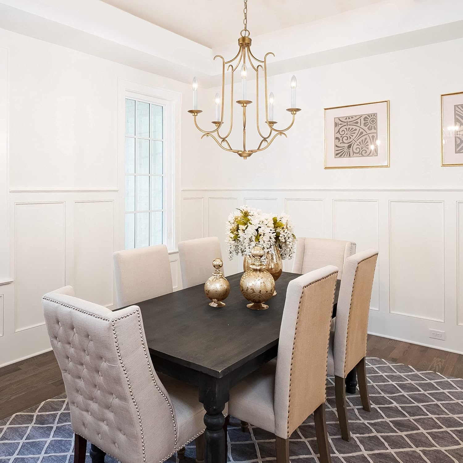 Durent Lighting Antique Gold French Country Chandelier for Dining Living Room, 5-Light Brass Chandelier Retro Light Fixture Candle Style Brushed Metal Frame for Bedroom, Kicthen Island, 21”D x 27”H