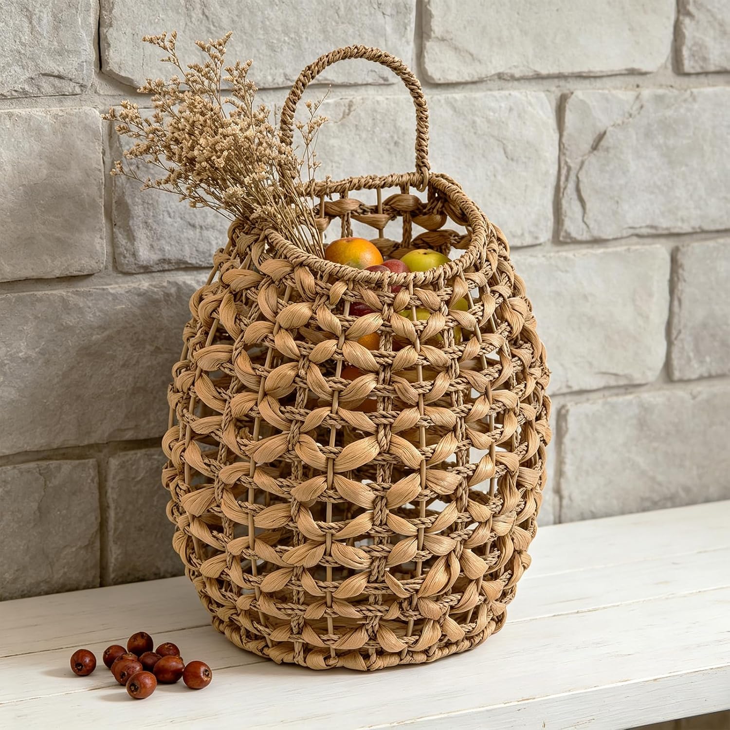 Natural Water Hyacinth Woven Hanging Basket, Handwoven Wicker Wall Baskets, Decorative Boho Baskets for Flowers Plants for Front Door and Entryway, 15"D x 5"W x 10"H (Water Hyacinth)