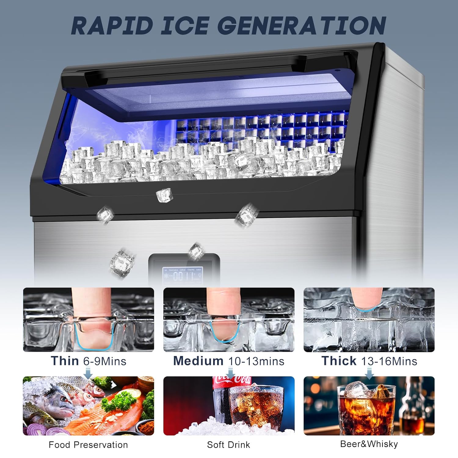 SOZT® Commercial Ice Maker Machine 300LBS/24H, Stainless Steel Under Counter Ice Machine with 75LBS Storage Bin, Self-Cleaning Freestanding Ice Cube Maker for Restaurant, Bar, Home, Office