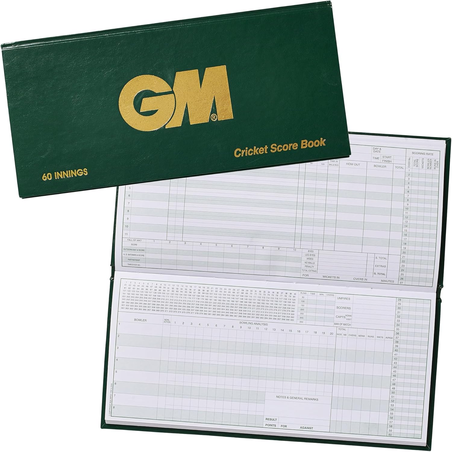 Gunn & Moore GM Cricket Scorebook | Bowling Analysis | Green with Gold GM Logo | 60 or 100 Innings
