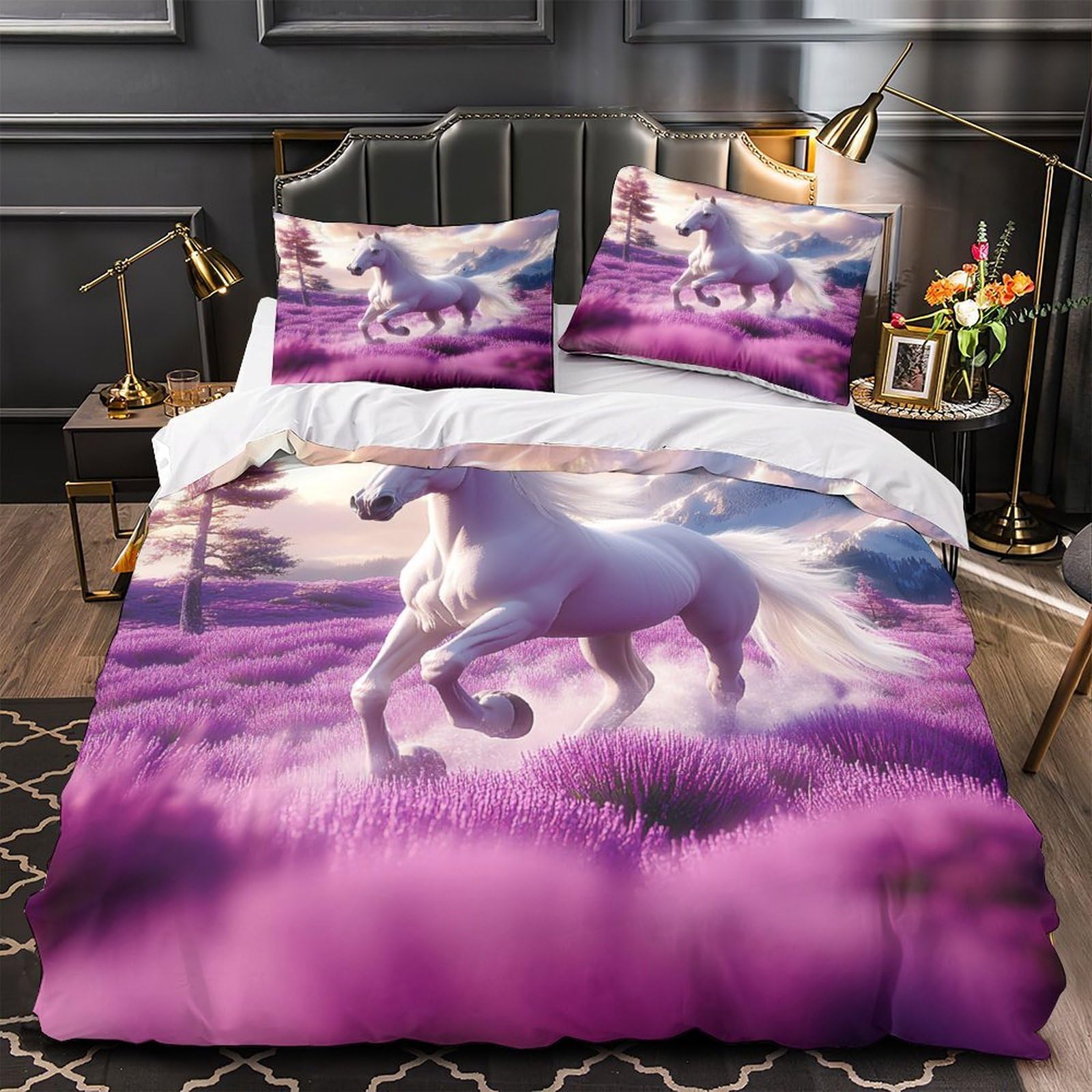 Parure housse de couette cheval blanc 260x220 drap paysage fantastique 3D microfibre