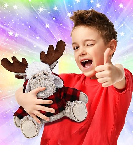 Miniatura 2 de DolliBu Disfraz de alce de felpa súper suave a cuadros rojos, suave y abrazable, adorable peluche de alce del zoológico con ropa, lindo regalo de