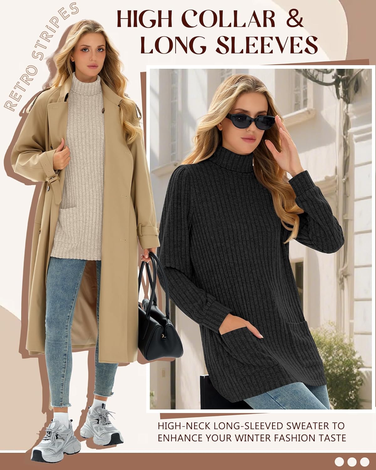 3 Pack Women's Turtleneck Long Sleeve Sweaters, Puff Ribbed Knit Sweaters Pullover Casual Tunic Tops with Pockets - Image 5