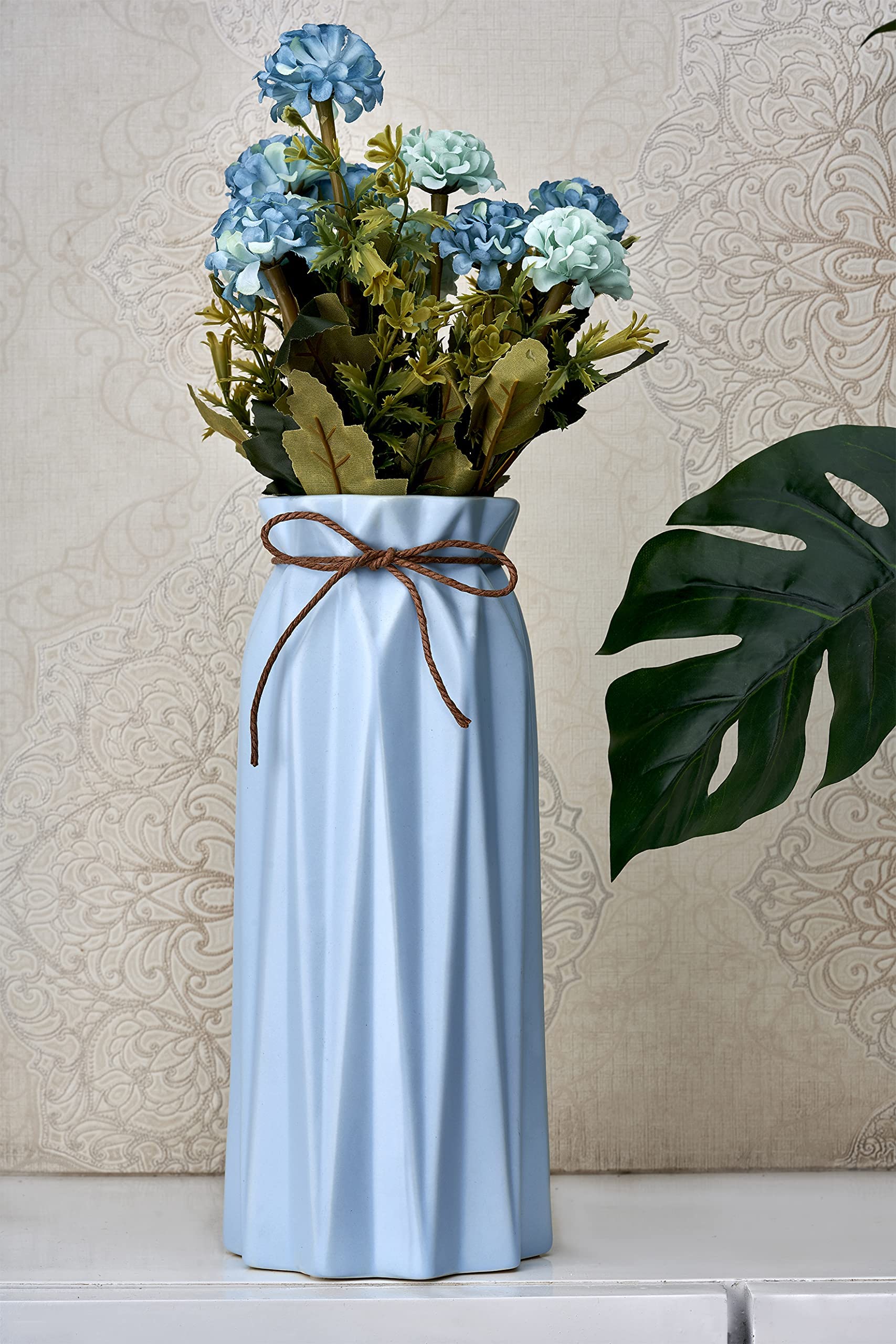 HERMOSA CASA Ceramic Style Minimalist Unbreakable Modern Geometric Large Origami Designer Flower Vase Round Neck Vase (Blue), L