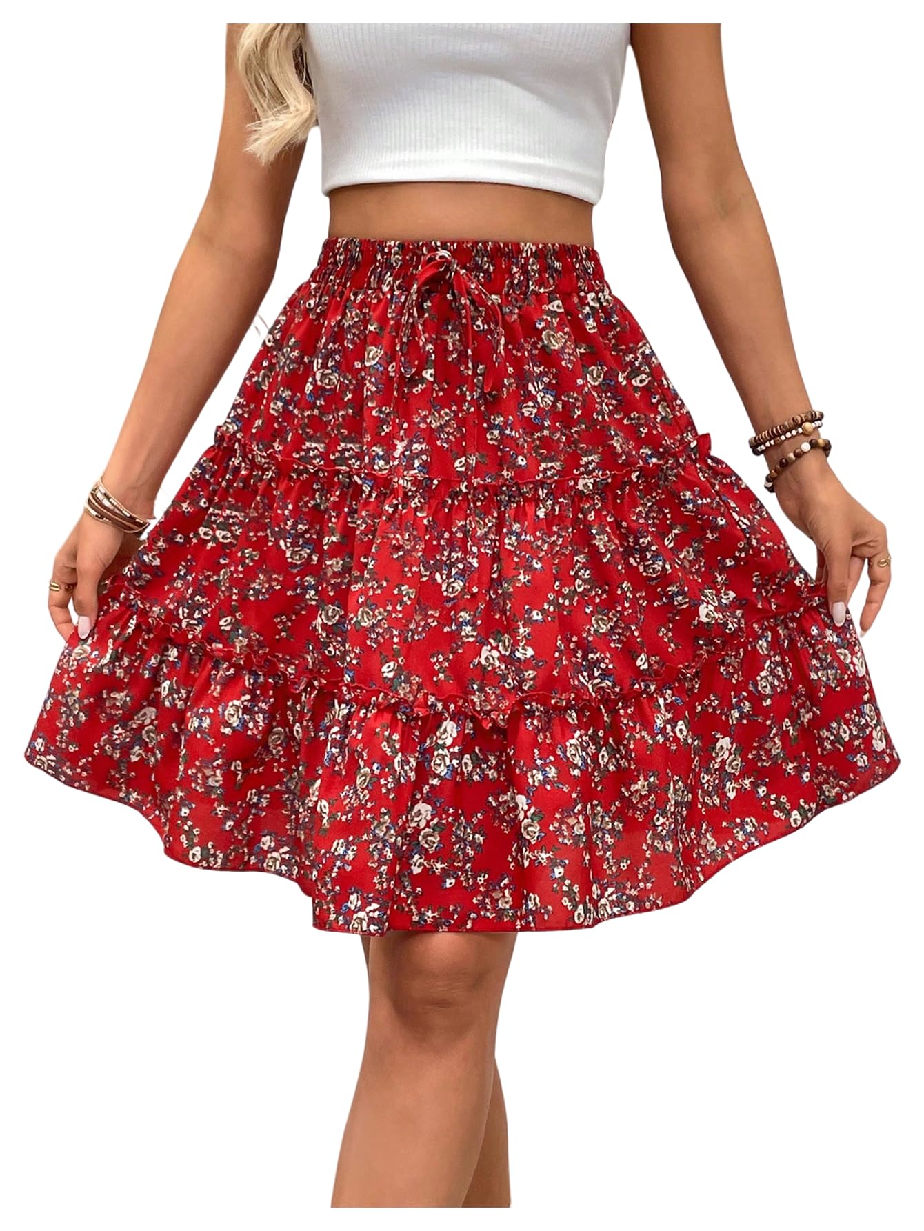 WDIRARA Womens Floral Print Ruffle Hem Elastic High Waist Tie Front Skirt