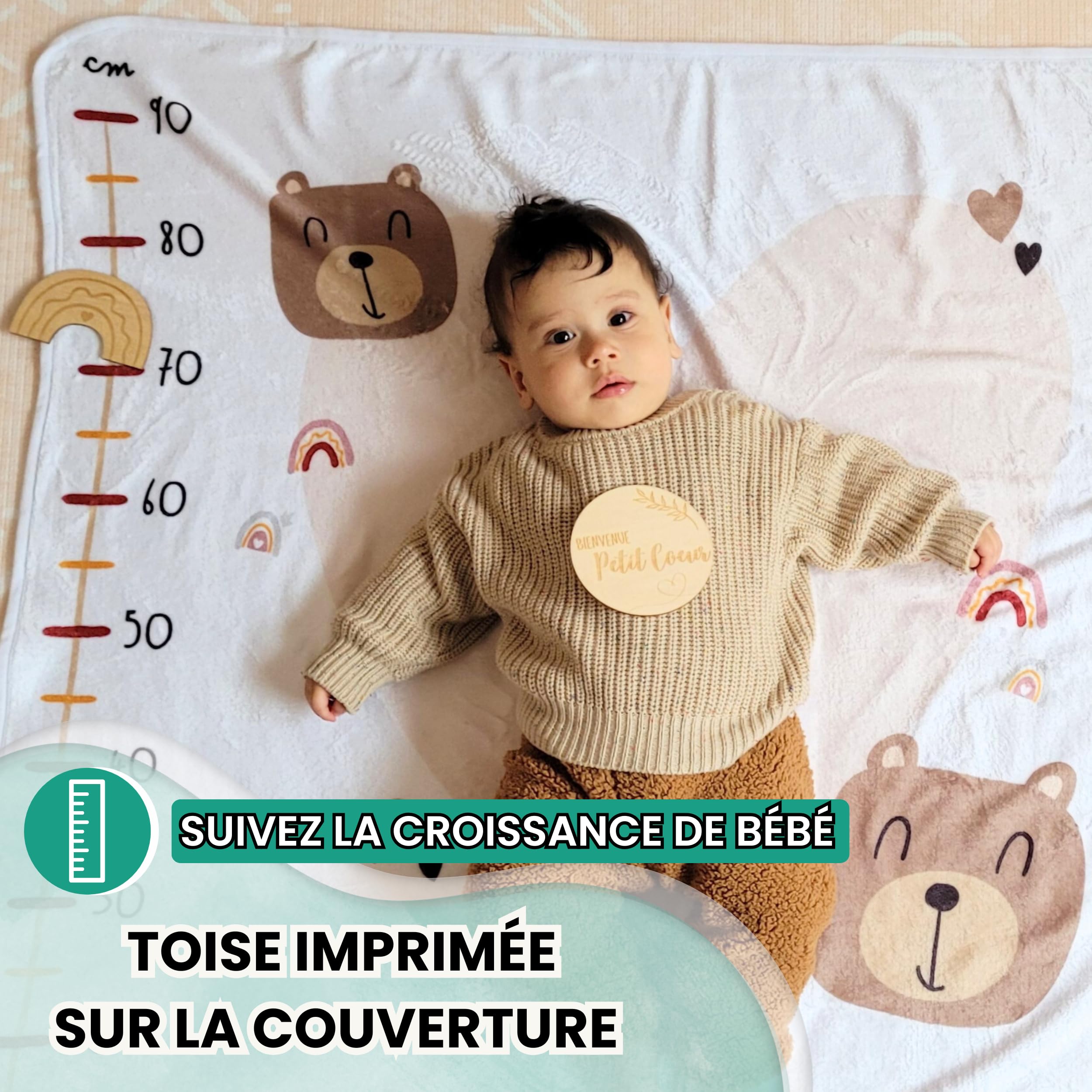Keep'Love - Couverture Étape Bébé - Tapis Mois Bebe en Français - Tapis Photo Bebe Mois - Cadeau Naissance Fille Garçon - Baby Shower - Future maman - Toise imprimée Accessoires Inclus (Modèle Ourson)