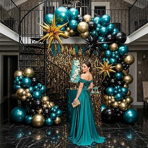 Miniatura 3 de Kit de guirnalda de globos cromados de color verde azulado oscuro y dorado negro, 170 piezas de doble relleno azul marino verde azulado con globos