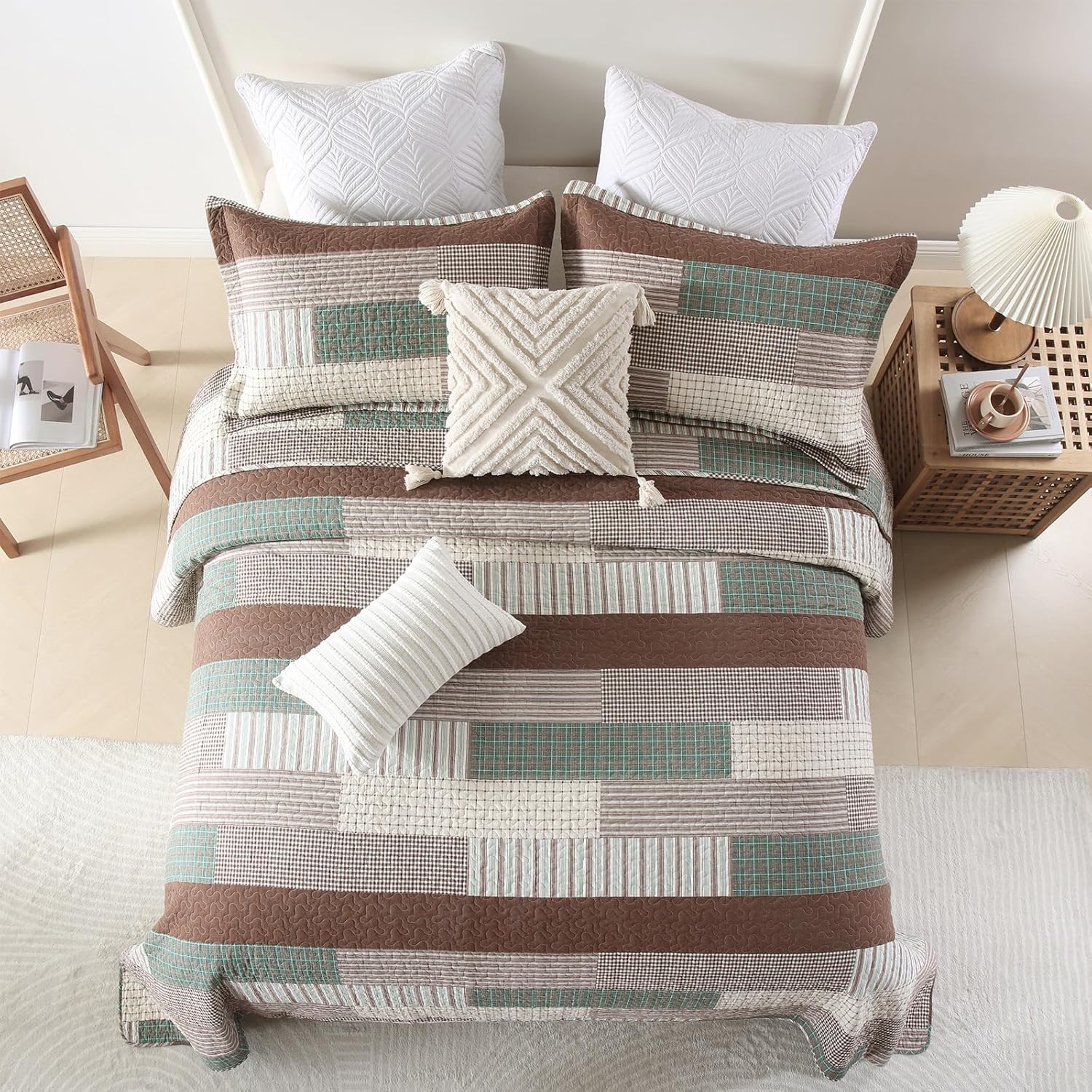 EWlinens 100% Cotton Quilts King Size - Patchwork Plaid King Quilt Bedding Set, Farmhouse Bedspreads Coverlet Set Lightweight Comforter, Bed Spread for King Bed, 3pcs, Rust Brown/Sage Green/Beige