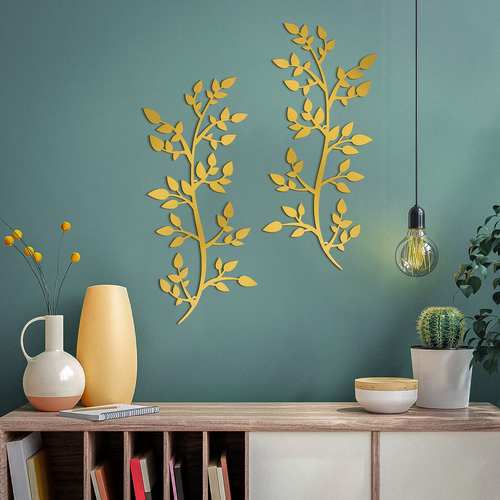 WINUSD 2Pcs Metal Tree Leaf Wall Decor, Gold Vine Olive Branch Leaf Wall Art Ornament Wall Hanging Sign for Indoor and Outdoor Decoration