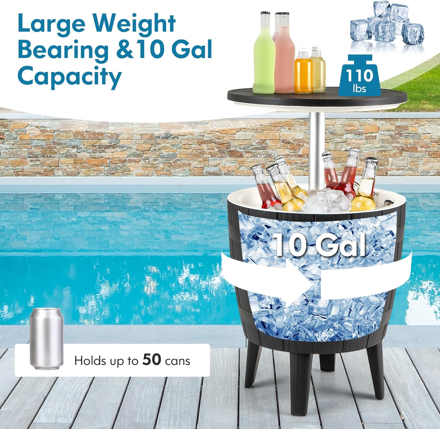 Moccha Outdoor End Table Cooler - 10 Gallon Cooler Side Table with Height Adjustable Tabletop, 3-in-1 Ice Bucket for Beer & Wine Storage, Cocktail Patio Bar Table for Deck Pool Backyard Party (Black)