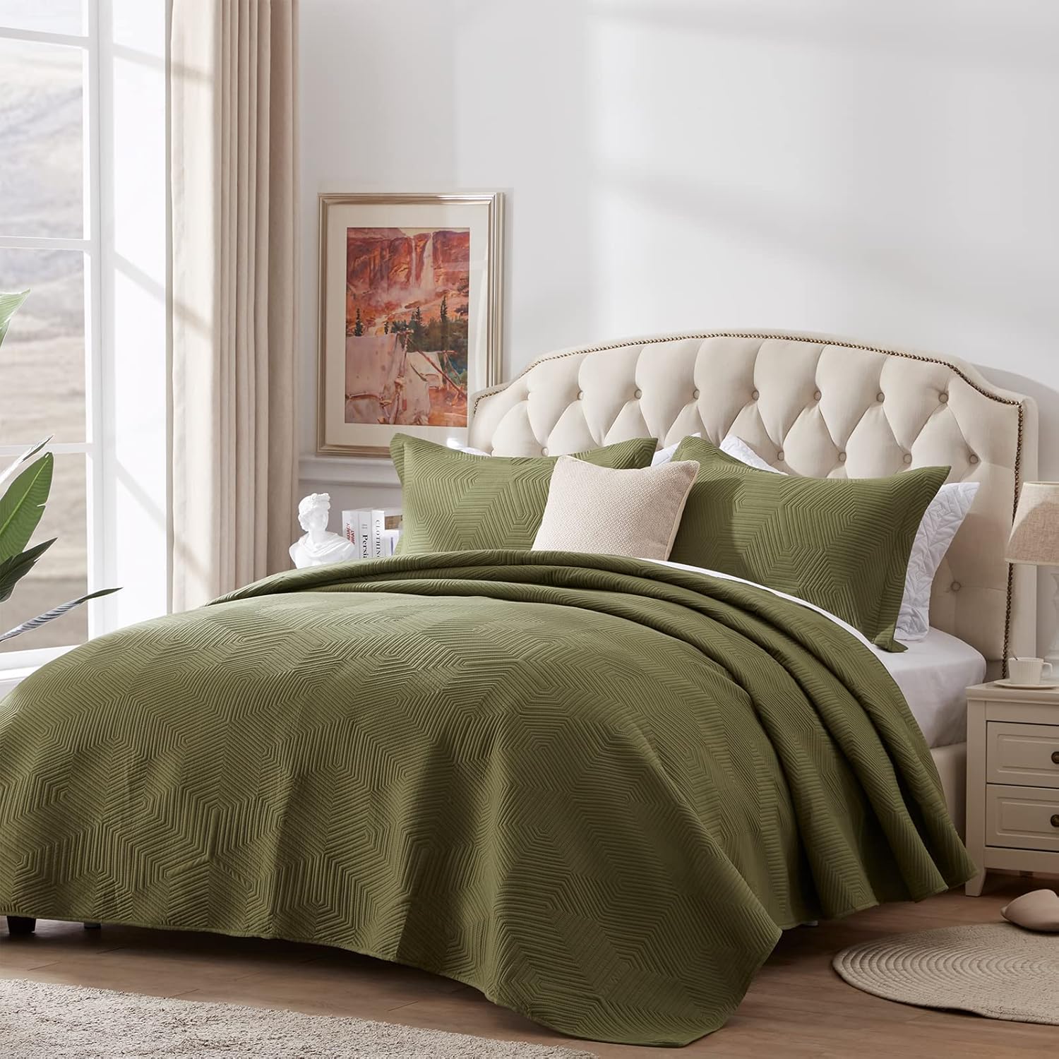 SunStyle Home Queen Size Quilt Bedding Set Square Pattern Quilt Lightweight Soft Bedspread Modern Dot Coverlet Set for All Seasons Olive Green, 3 Pieces (1 Quilt, 2 Pillow Shams)