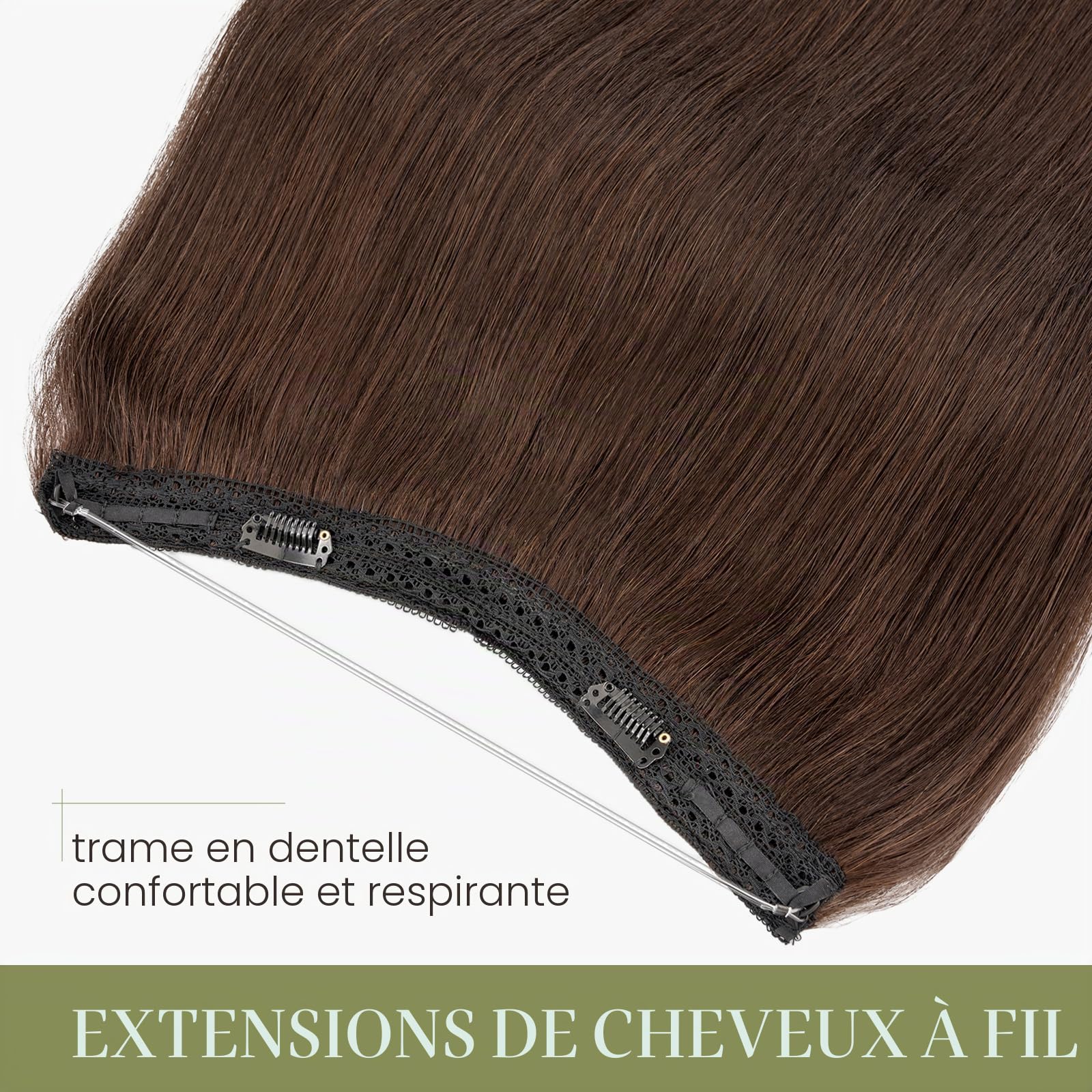 MY-LADY Extension Cheveux Naturel Fil Invisible 30cm Rajout Cheveux Humain Vrais avec Corde Ajustable pour Femmes #02 Marron Foncé 55g