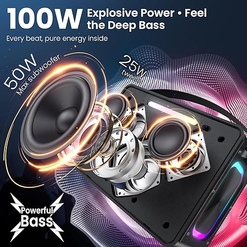 Miniatura 2 de Altavoz Bluetooth de pico de 100 W, altavoz portátil inalámbrico fuerte IPX6 impermeable al aire libre con luces LED, potente sonido estéreo y