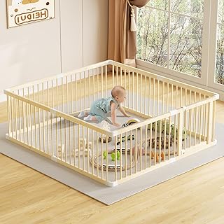 LOVMOR Large Wooden Baby Playpen, Adjustable Gate for Toddler and Babies, Sturdy Security Baby Fence Play Yard with Door (79.5 * 71.5 * 24 Inch)