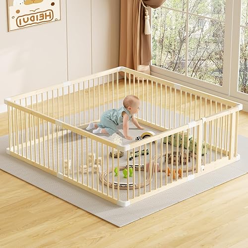 Miniatura 2 de Corralito grande de madera para bebés, puerta ajustable para niños pequeños y bebés, valla plegable con puerta, área de juegos segura y portátil