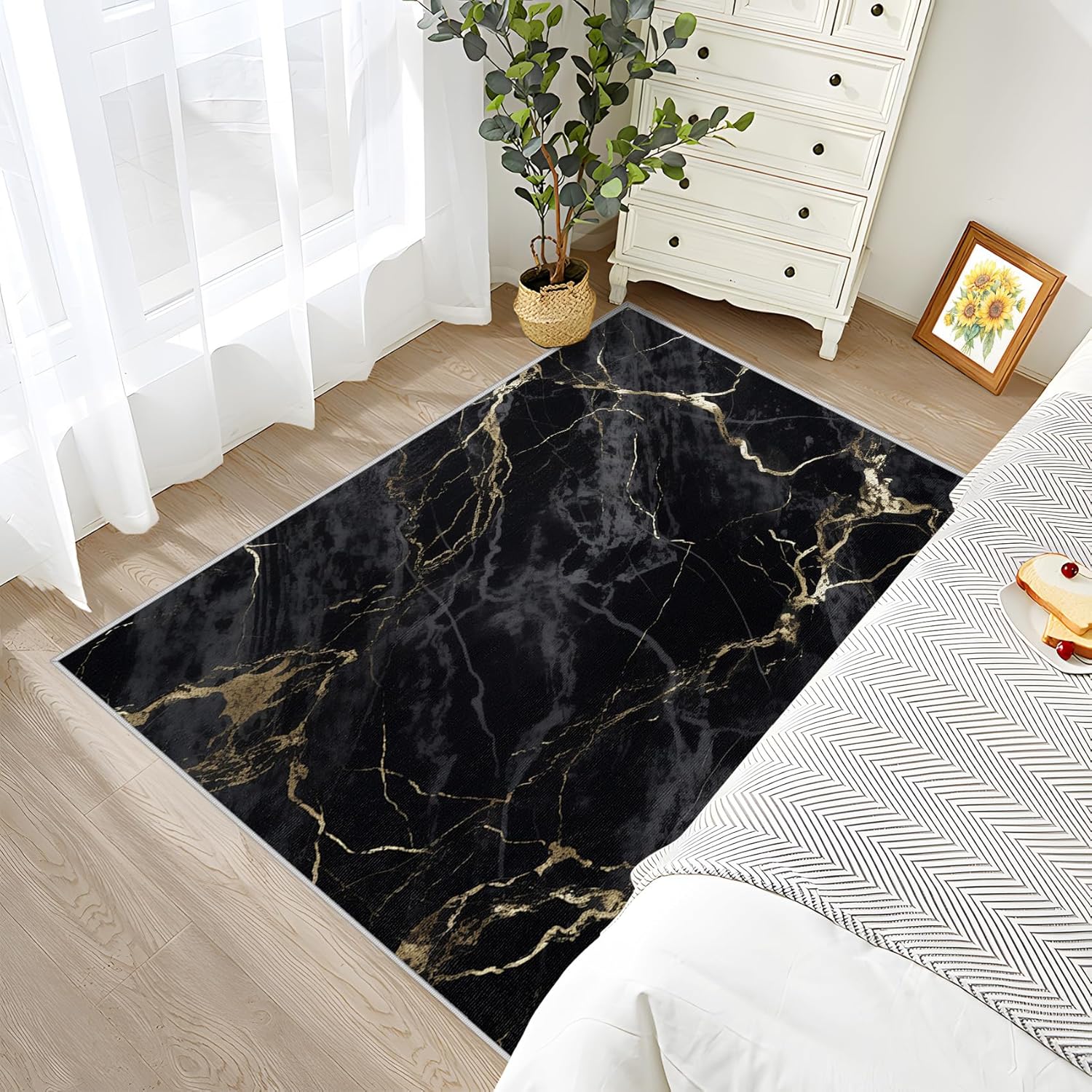 Marble Rug 8x10 - Black and Gold Area Rugs for Living Room Bedroom - Modern Carpet - Washable Non Slip Stain Resistant - Abstract Home Decor & Gifts