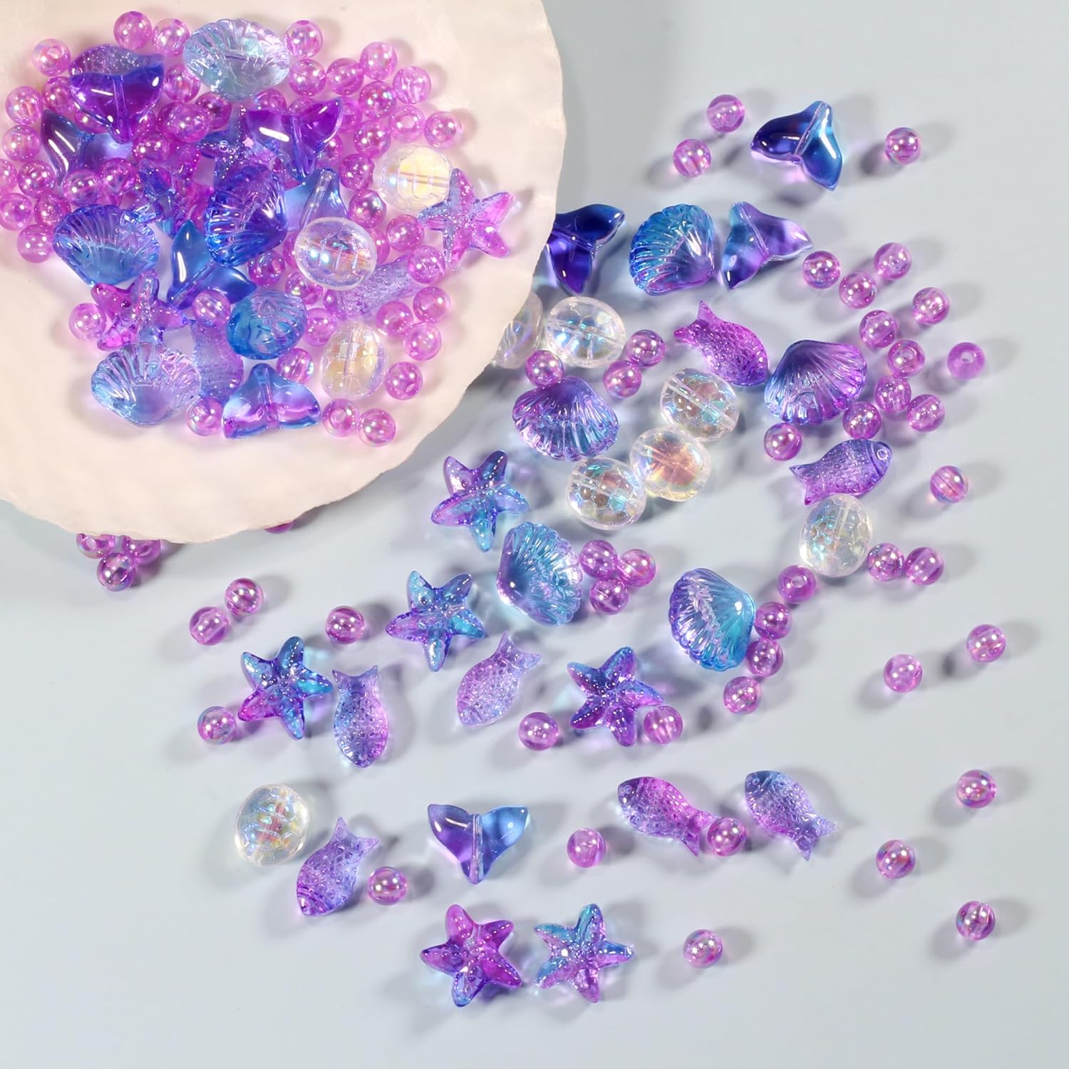 150pcs Glass Beads for DIY Crafts Purple Ocean Shell Starfish Fish Sea Turtle Mermaid Tail Beads for Bracelet Necklace Earrings Ankle Aesthetic Summer Beach Jewelry Making Handmade Gift for Women - Image 2