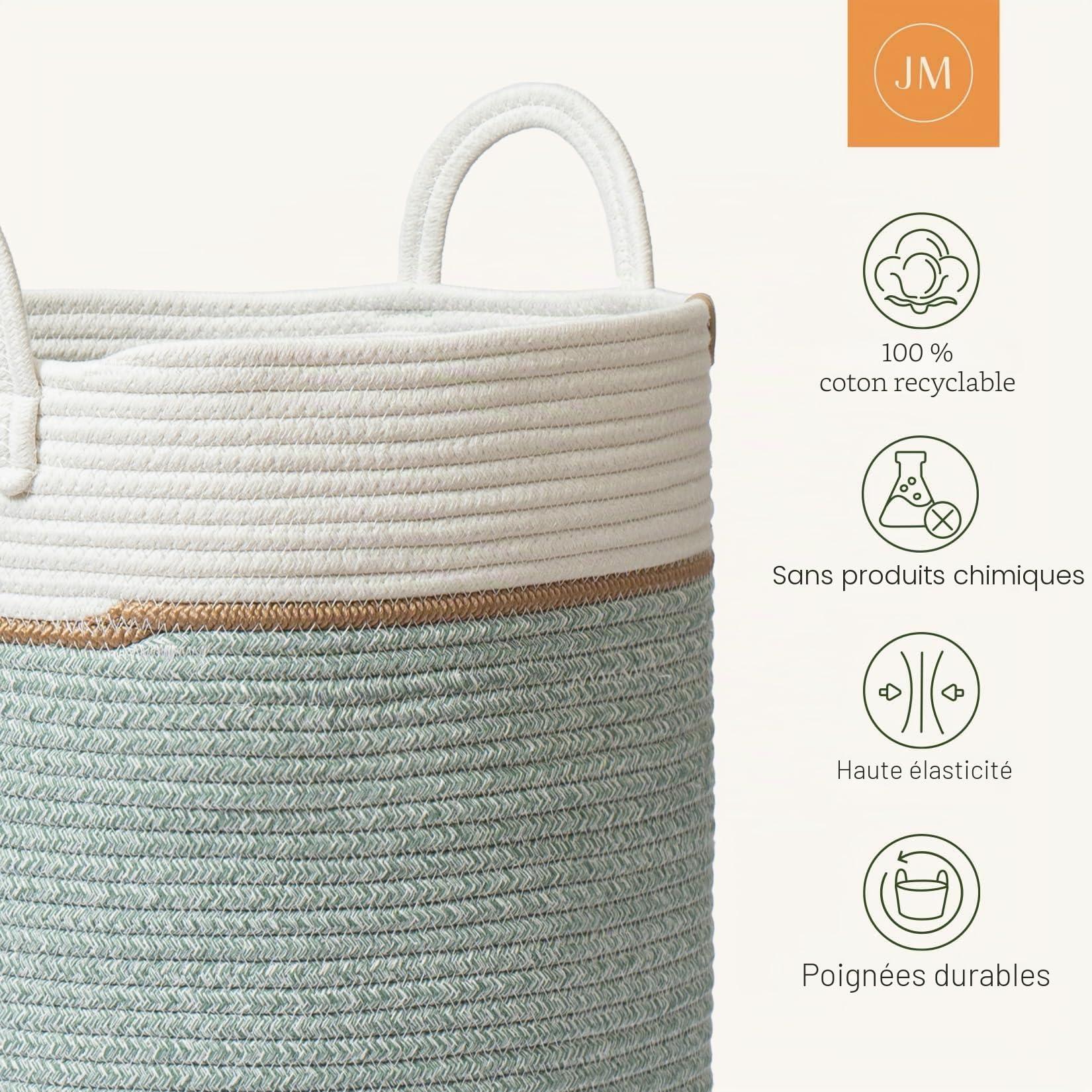 LA JOLIE MUSE Panier de rangement en corde tissée – Grand panier à linge en coton pour couverture, jouets d'enfants, vêtements de chambre d'enfant, vert lierre – 72 litres – XL