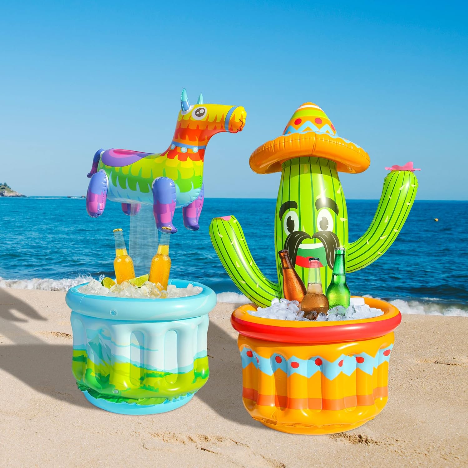 PARENTSWELL 47.5'' Drink Cooler for Parties, 2 Pack Inflatable Cactus Ice Bucket for BBQ, Bachelorette Supplies, Pool Party, Picnic, Floating Cooler for Hawaiian Luau Tropical Summer Party Decorations